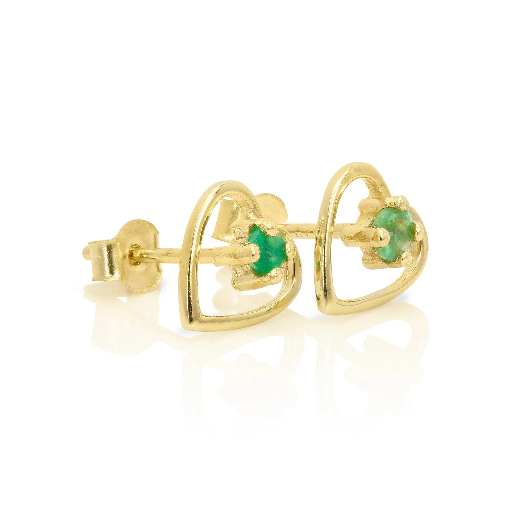 9ct Gold & 2mm Gemstone Open Heart Stud Earrings - Emerald Sapphire Ruby - Image 2