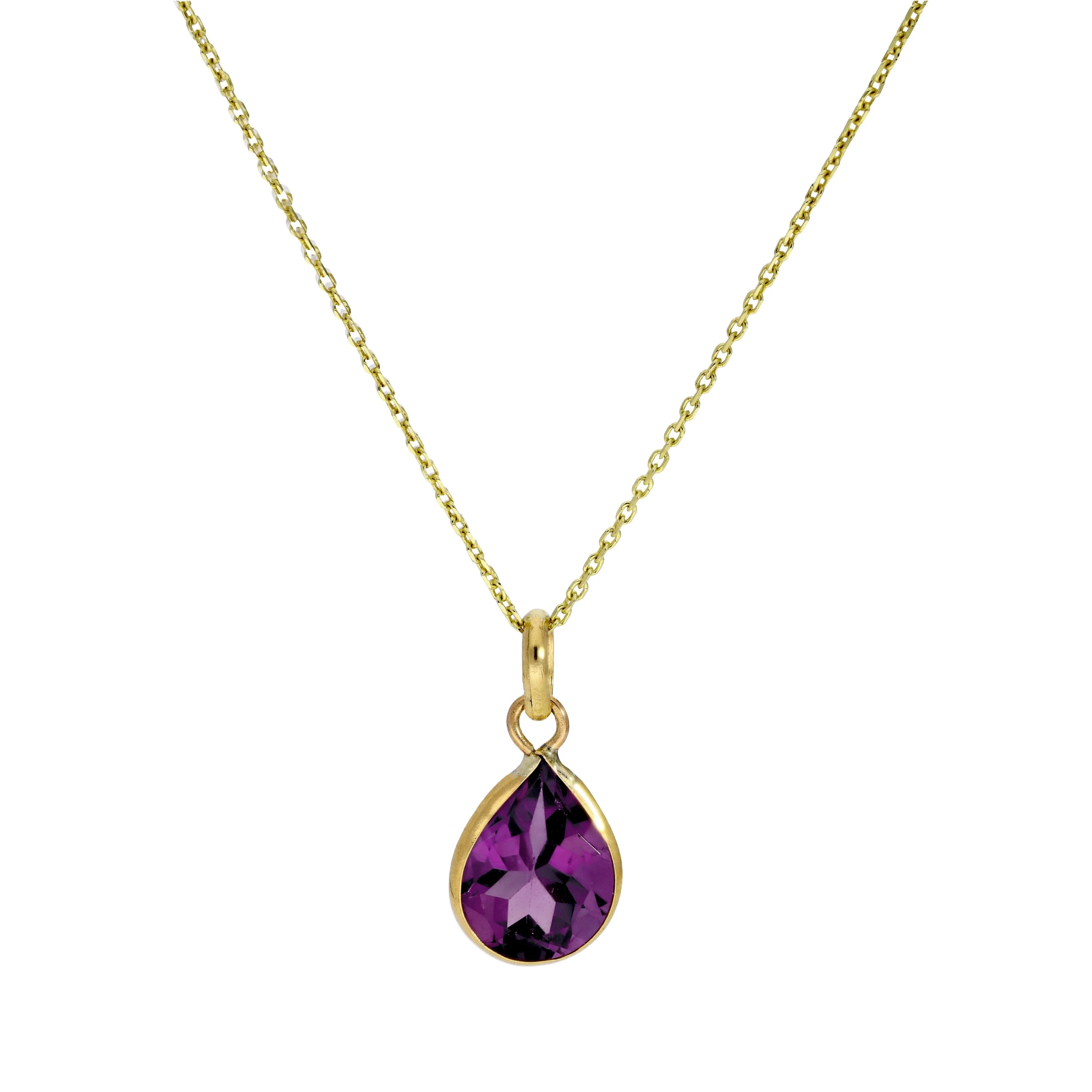 9ct Gold & Amethyst CZ Crystal Teardrop Pendant Necklace 16 - 20 Inches