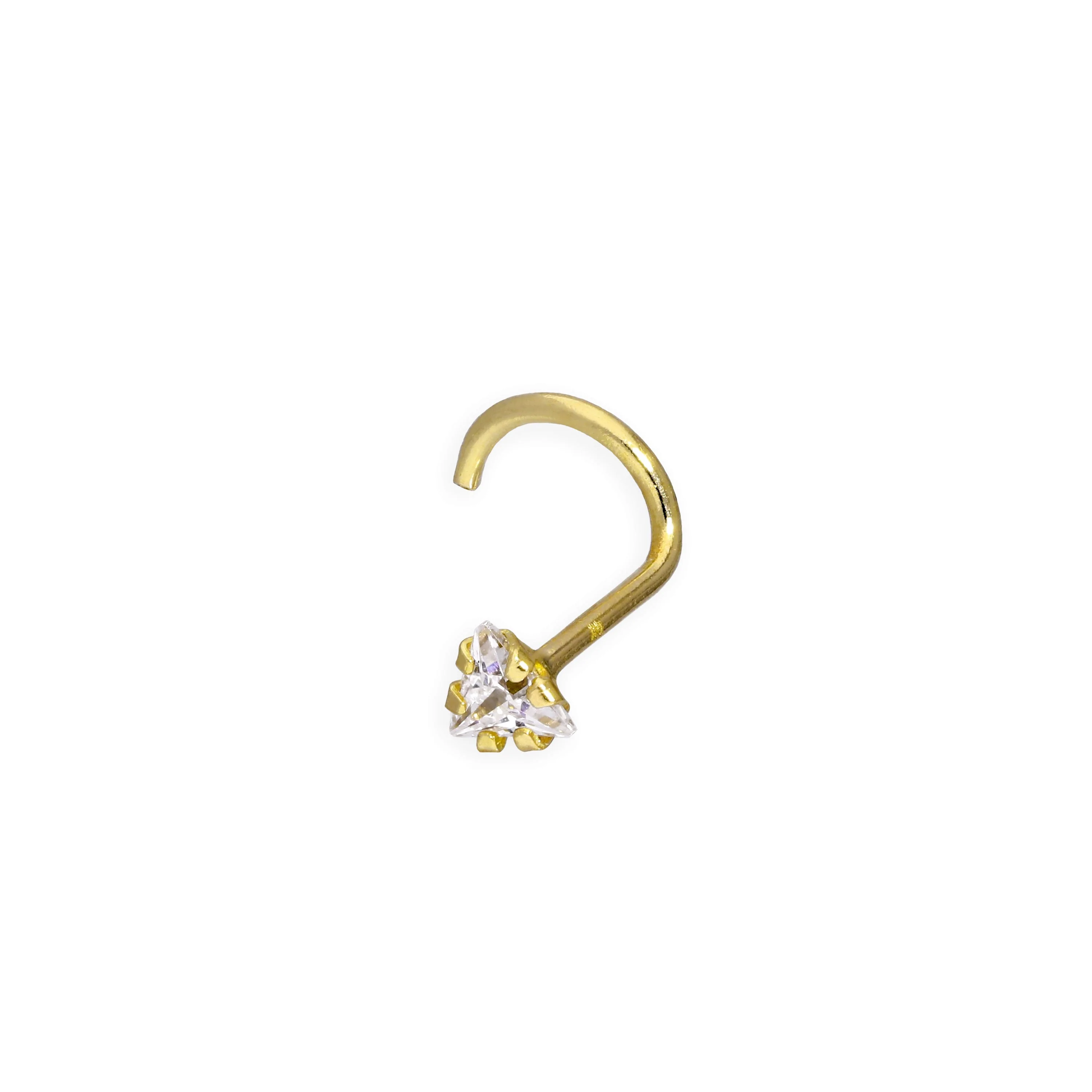 9ct Gold & Clear CZ Crystal 22Ga Triangle Nose Screw