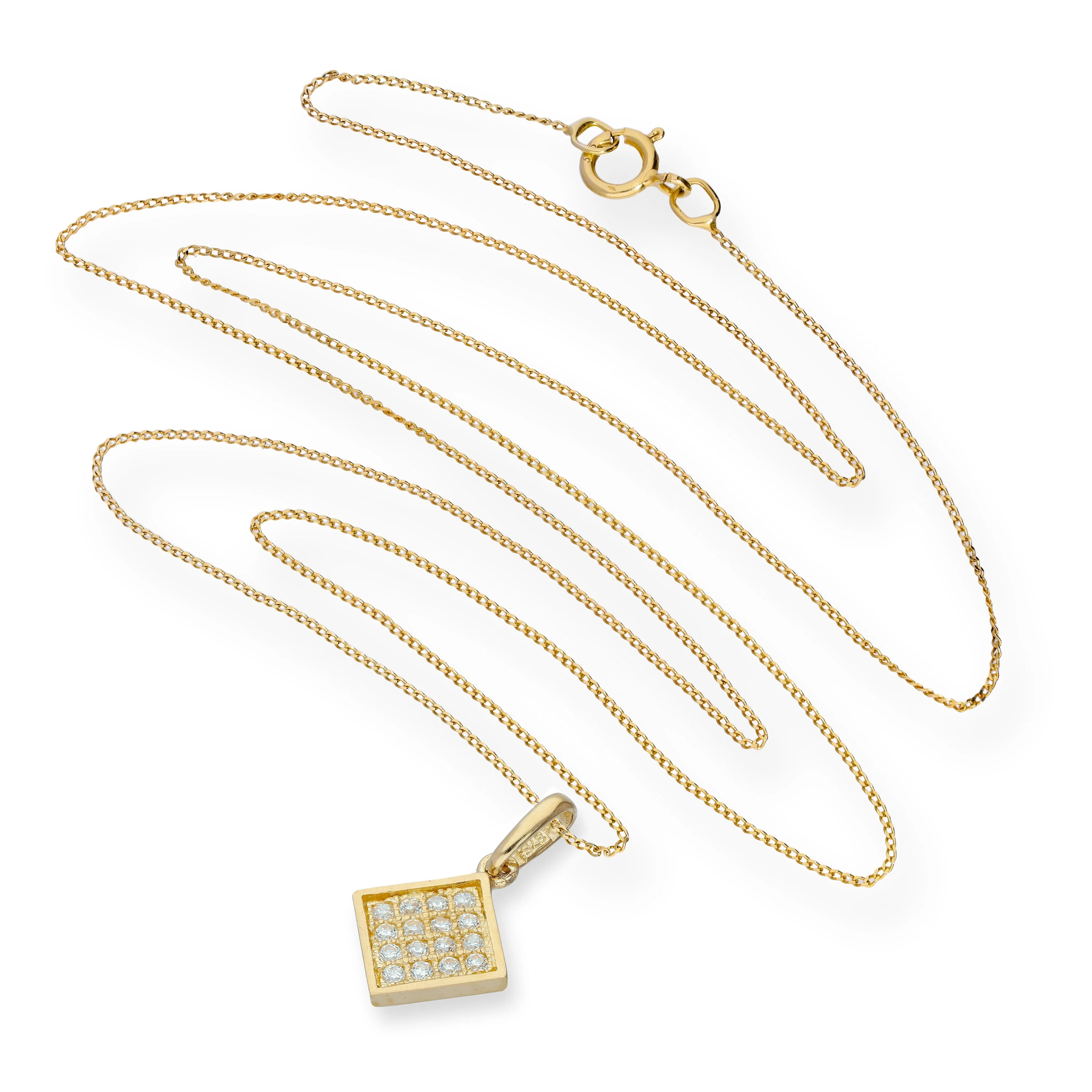 9ct Gold & Clear CZ Crystal Flat Square Pendant Necklace 16 - 20 Inches - Image 2