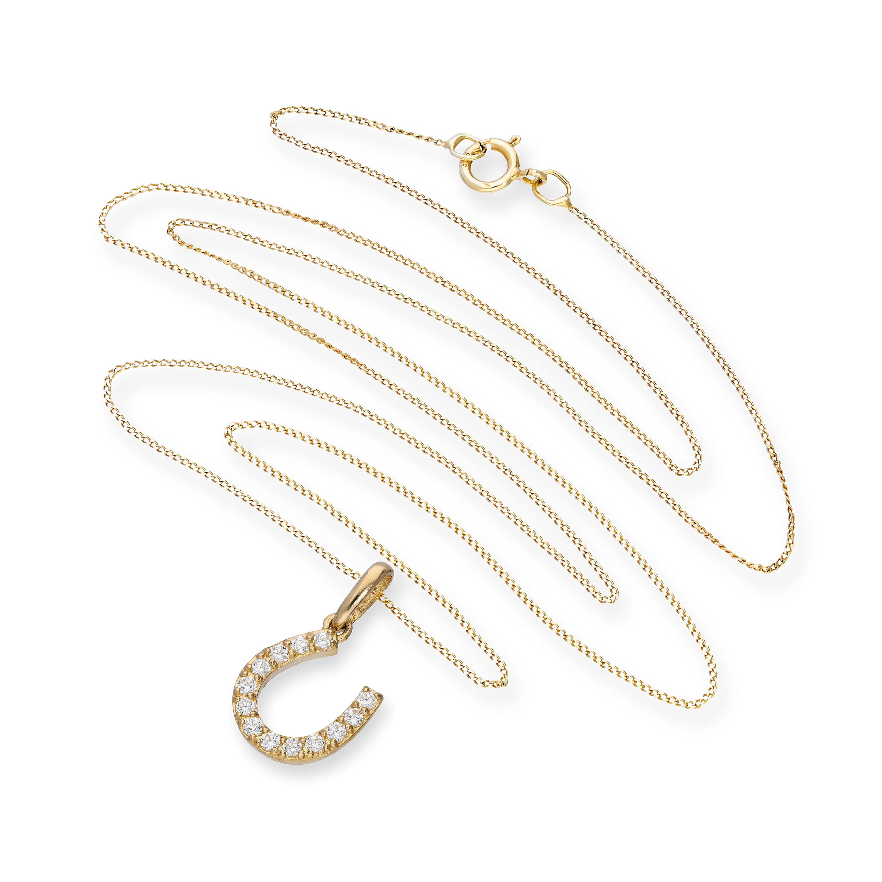 9ct Gold & Clear CZ Crystal Horseshoe Pendant Necklace - Image 2
