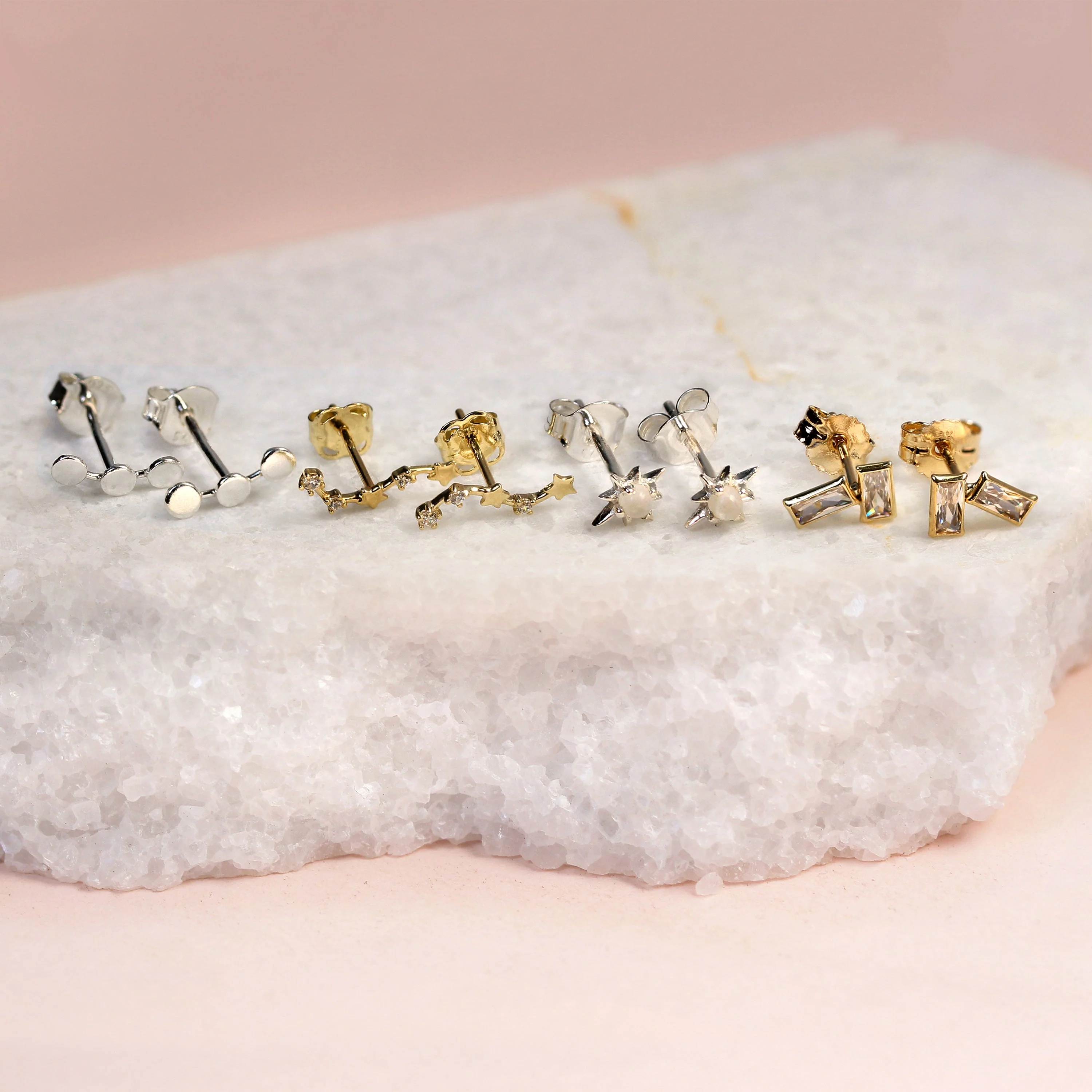 9ct Gold & Clear CZ Crystal String of Stars Stud Earrings - Image 2