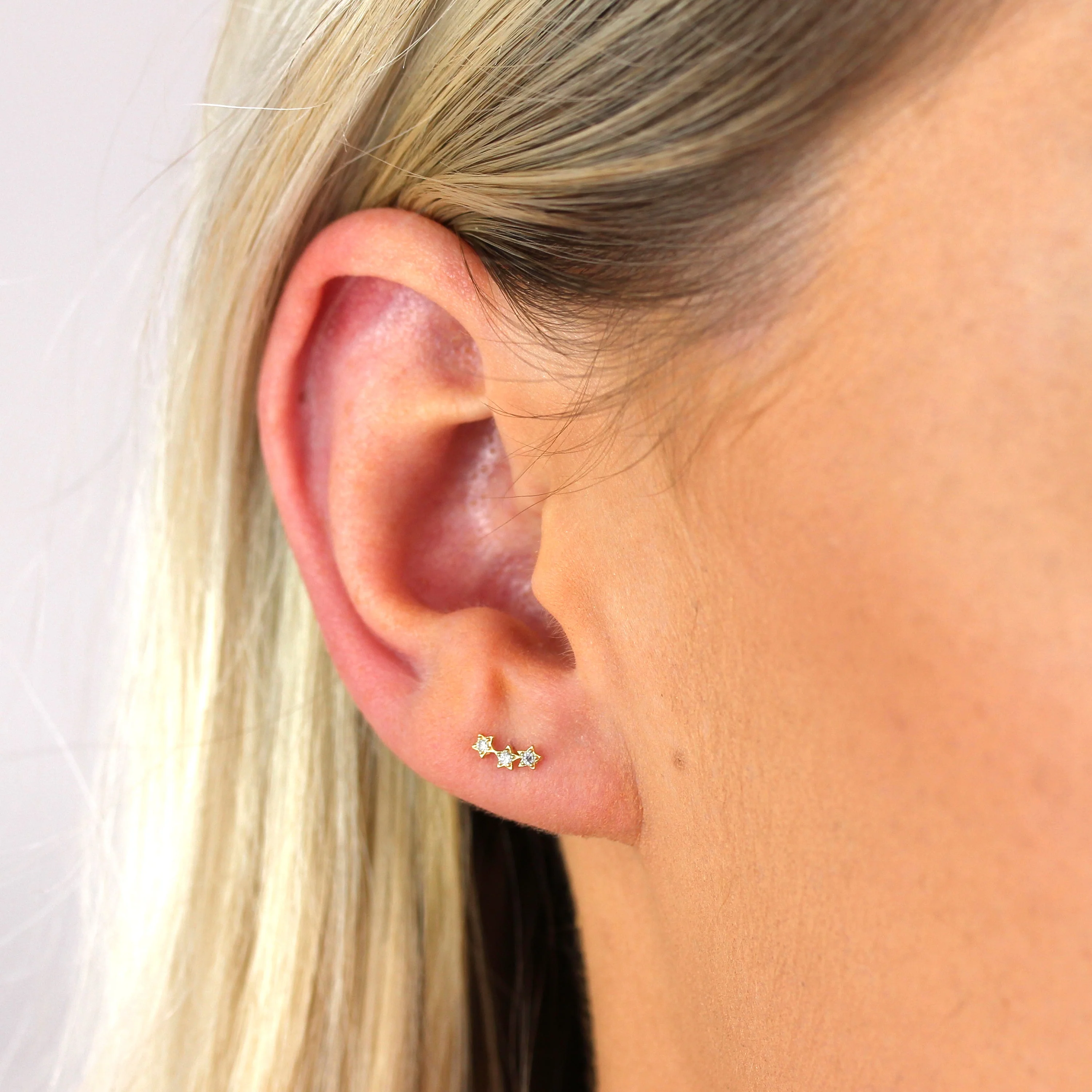 9ct Gold & Clear CZ Crystal String of Stars Stud Earrings - Image 3