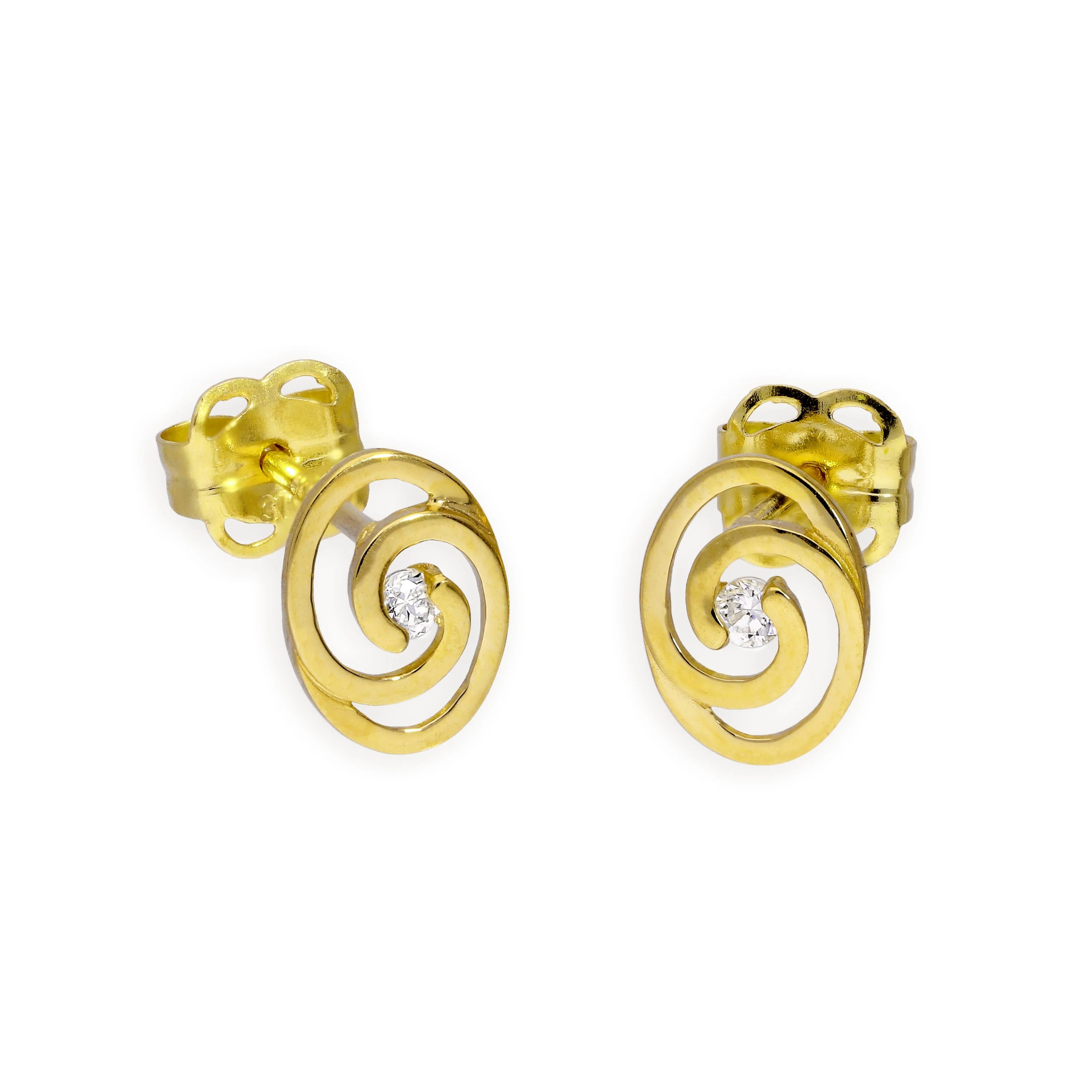 9ct Gold & Clear CZ Crystal Swirl Stud Earrings