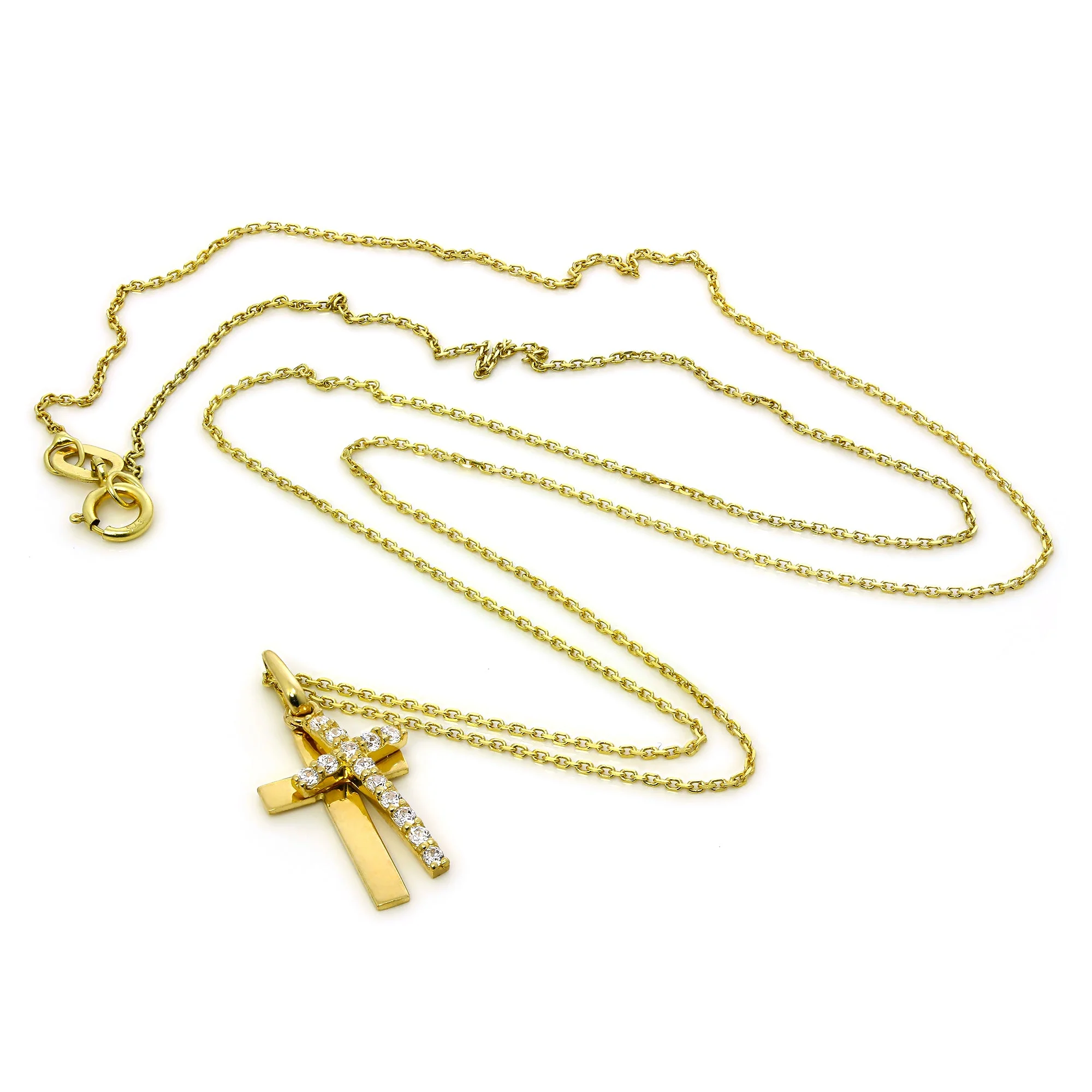 9ct Gold & CZ Crystal Encrusted Double Cross Pendant Necklace 16-20 Inches - Image 2