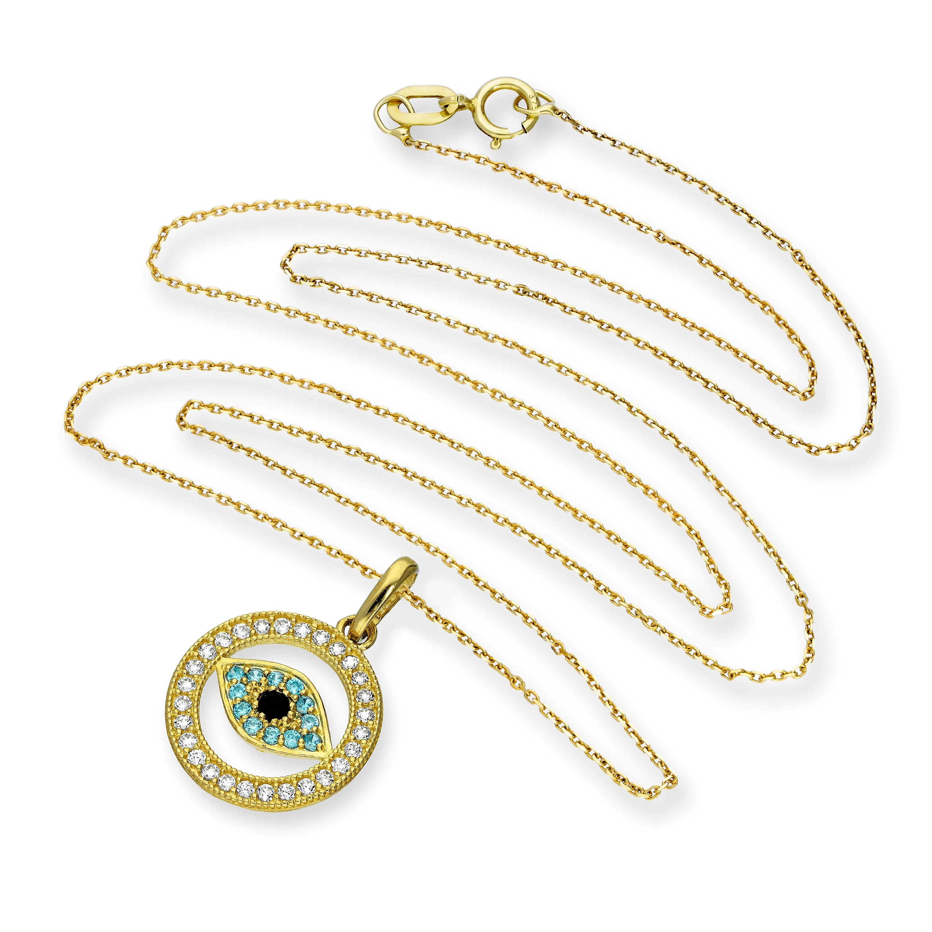 9ct Gold & CZ Crystal Evil Eye Circle Pendant Necklace - Image 2