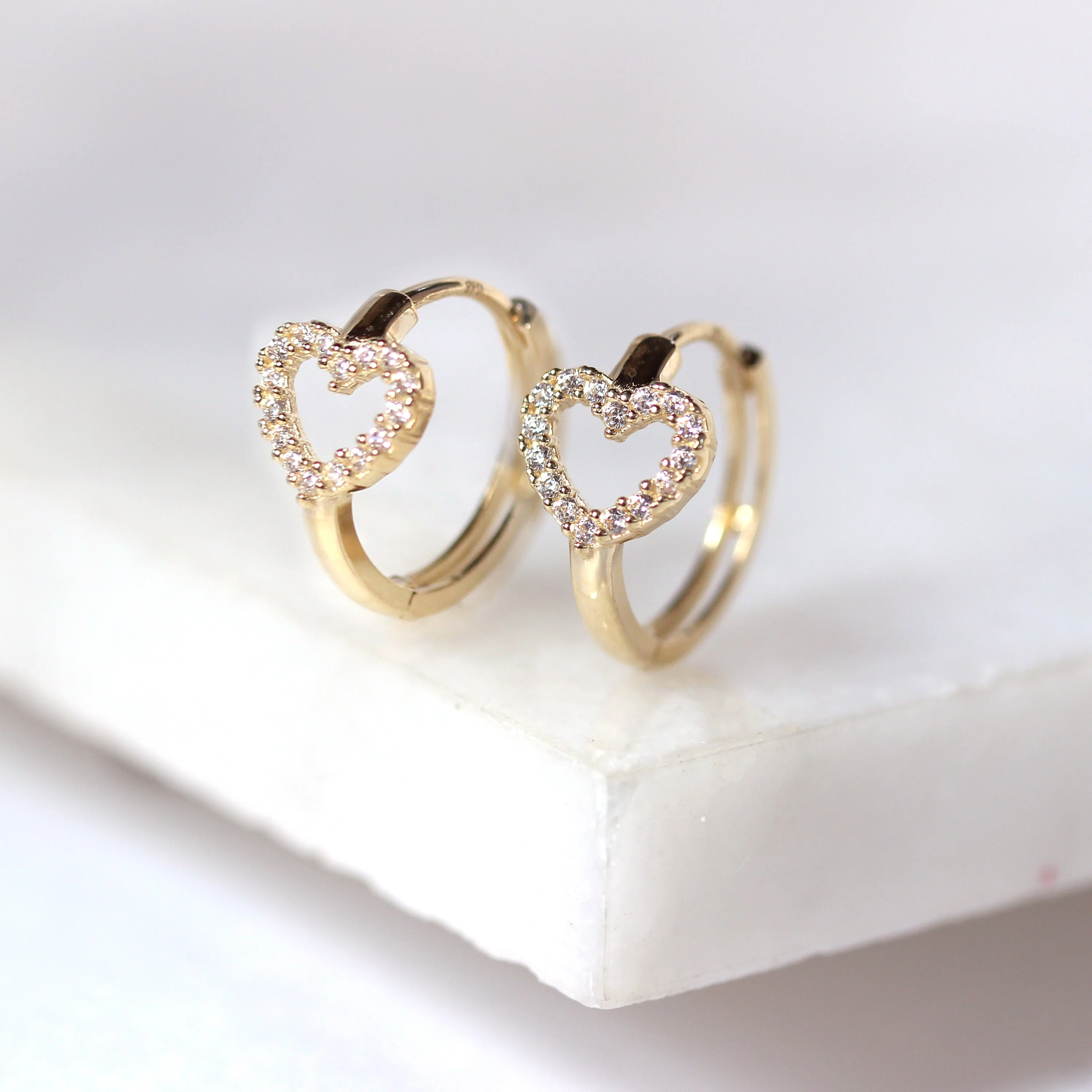 9ct Gold CZ Encrusted Open Heart 14mm Huggie Hoop Earrings - Image 2