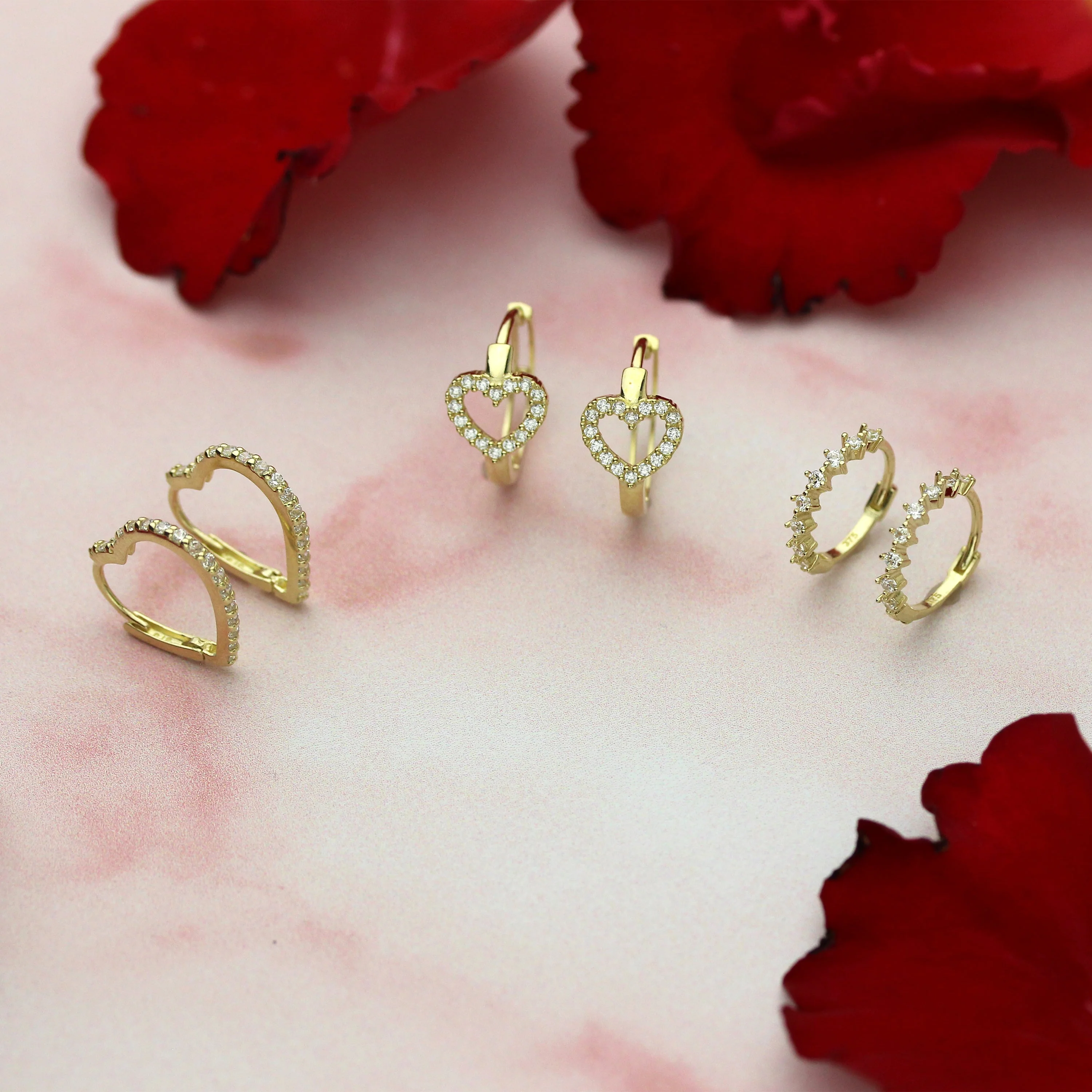 9ct Gold CZ Encrusted Open Heart 14mm Huggie Hoop Earrings - Image 3