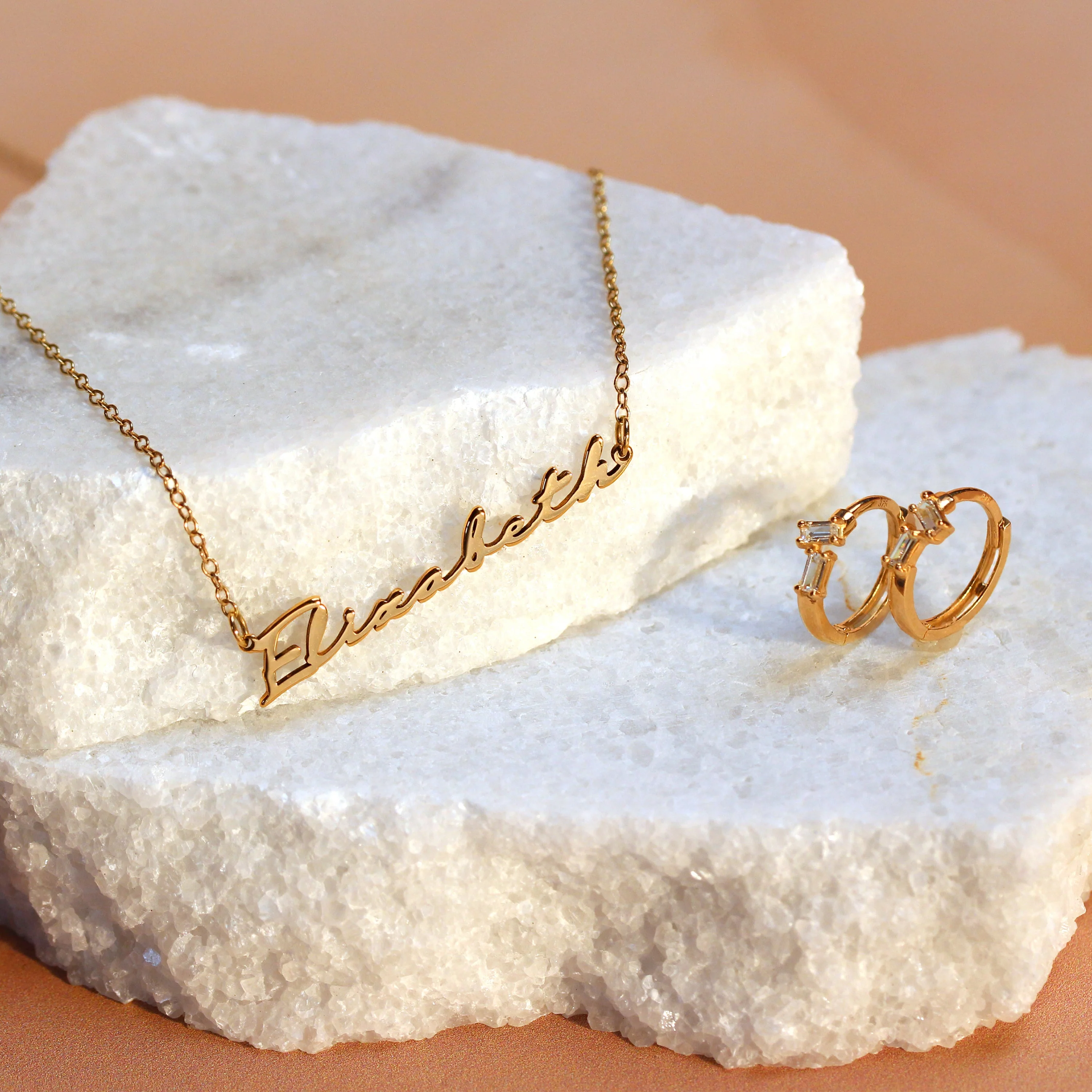 9ct Gold Double Offset Baguette CZ 12mm Huggie Hoop Earrings - Image 5