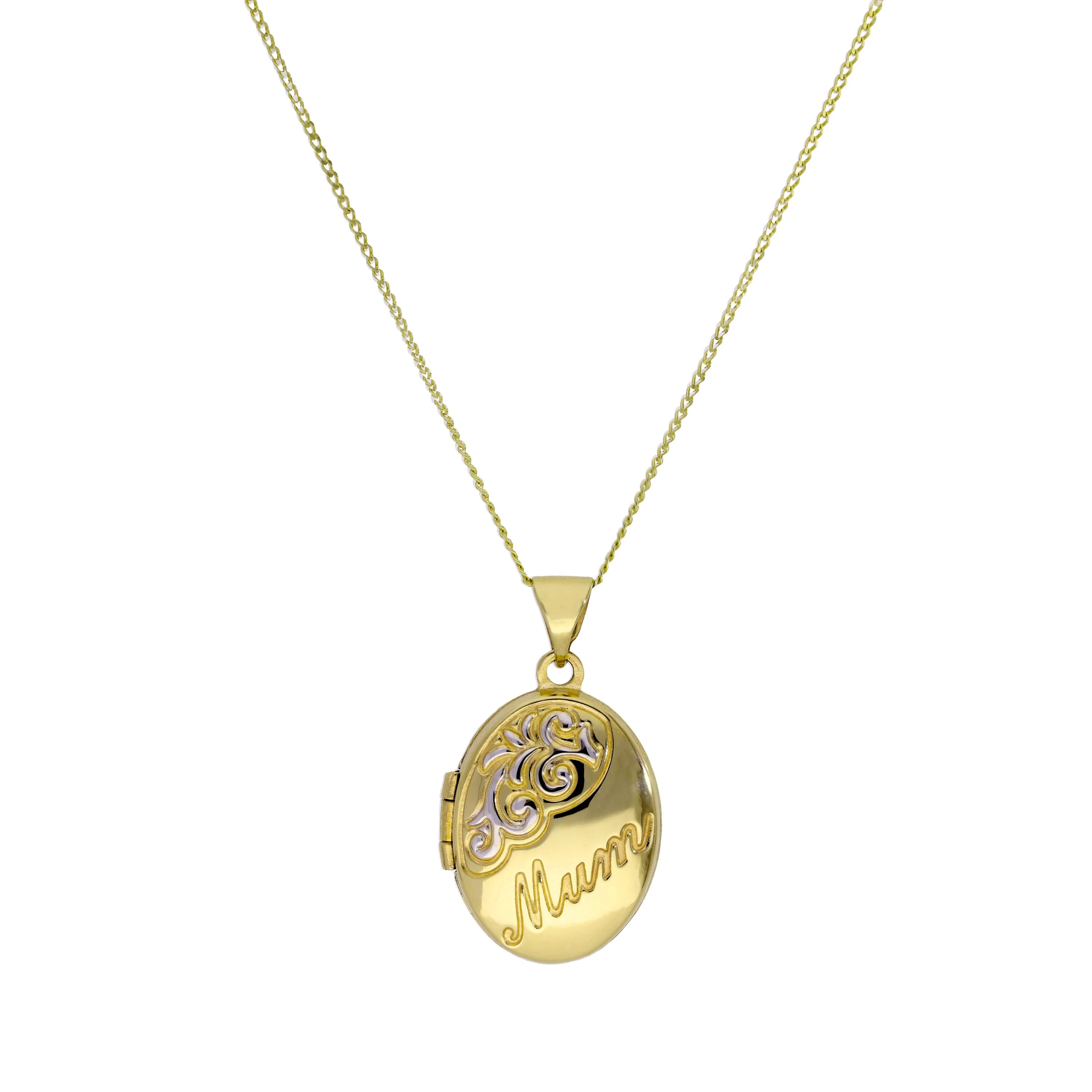 9ct Gold Oval Mum Locket with White Gold Design on Chain 16 - 18 Inches