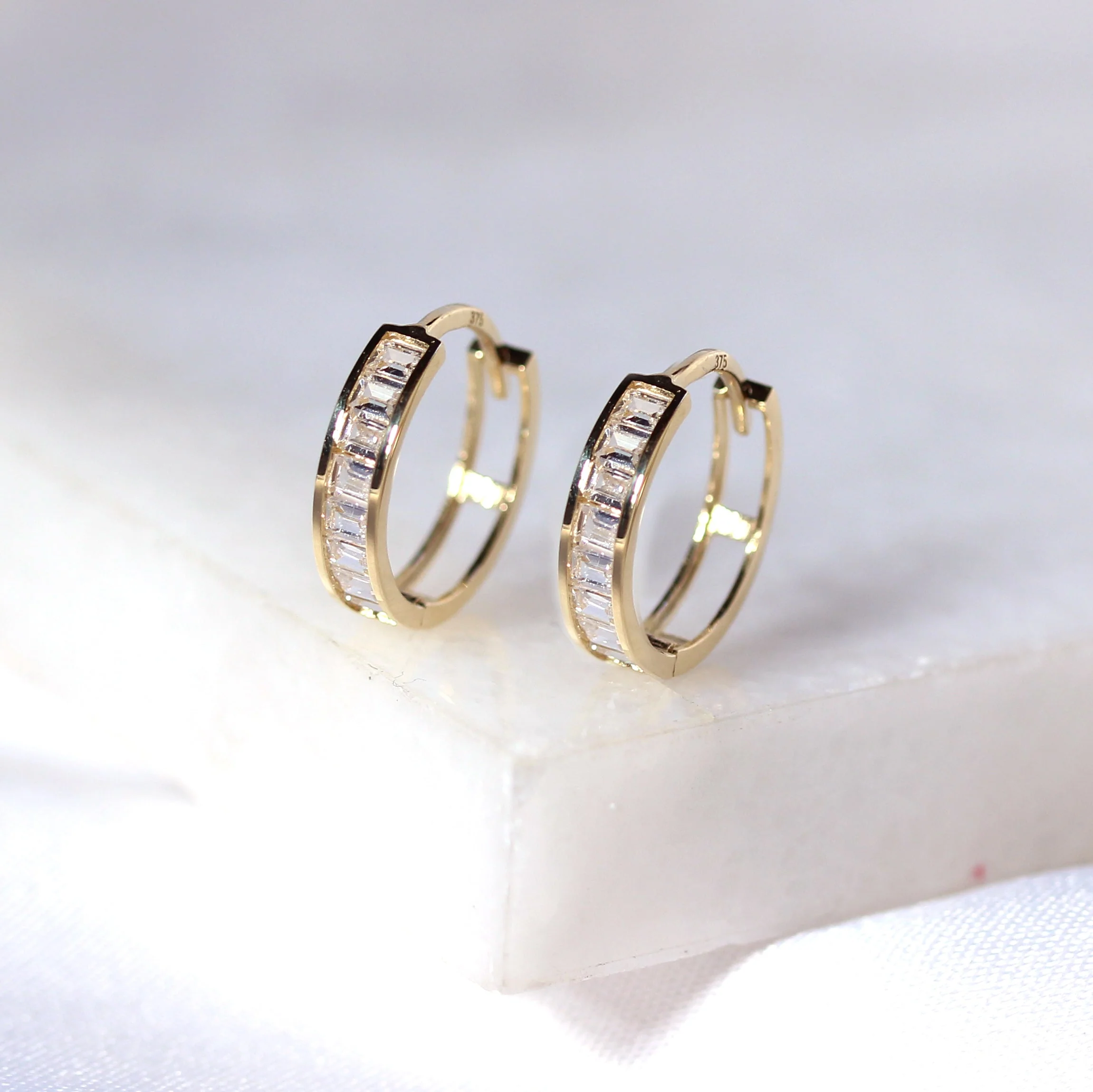 9ct Gold Princess CZ Channel Set 12mm Huggie Hoop Earrings - Image 3