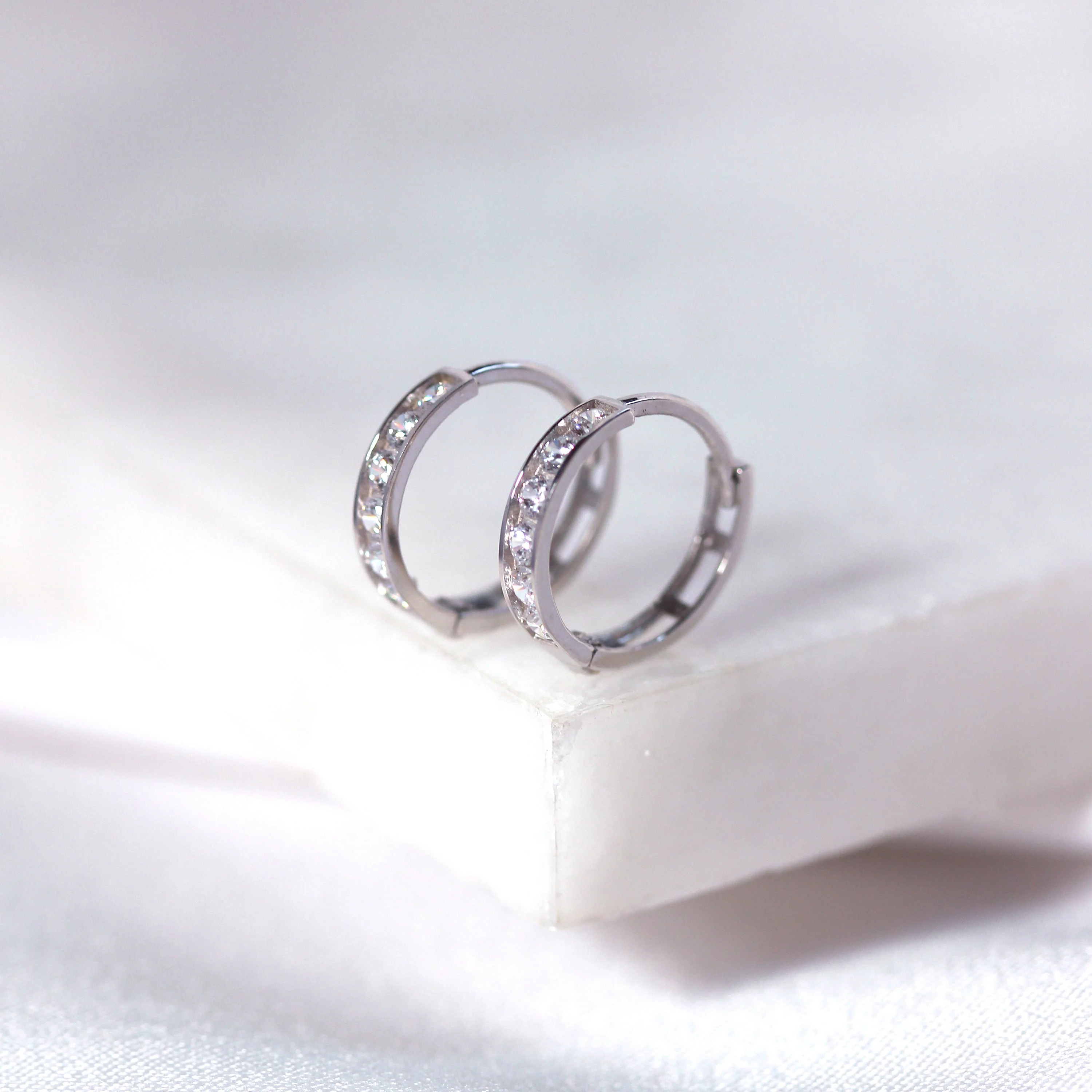 9ct White Gold Channel Set CZ 12mm Huggie Hoop Earrings - Image 2