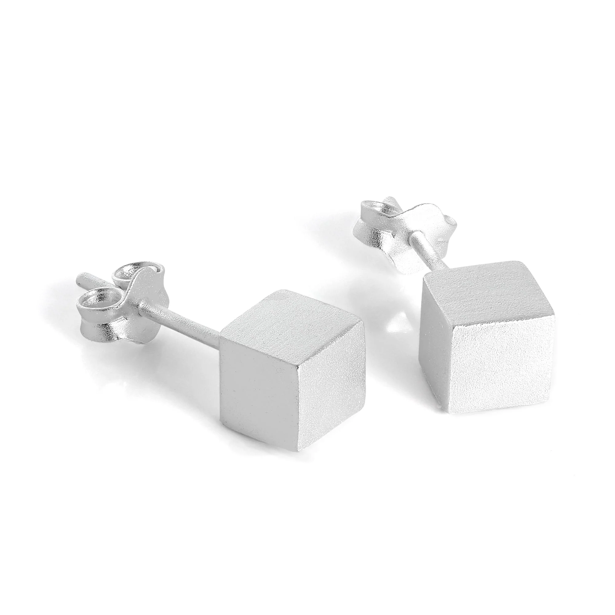 Brushed Sterling Silver Cube Stud Earrings 4mm - 7mm - Image 2