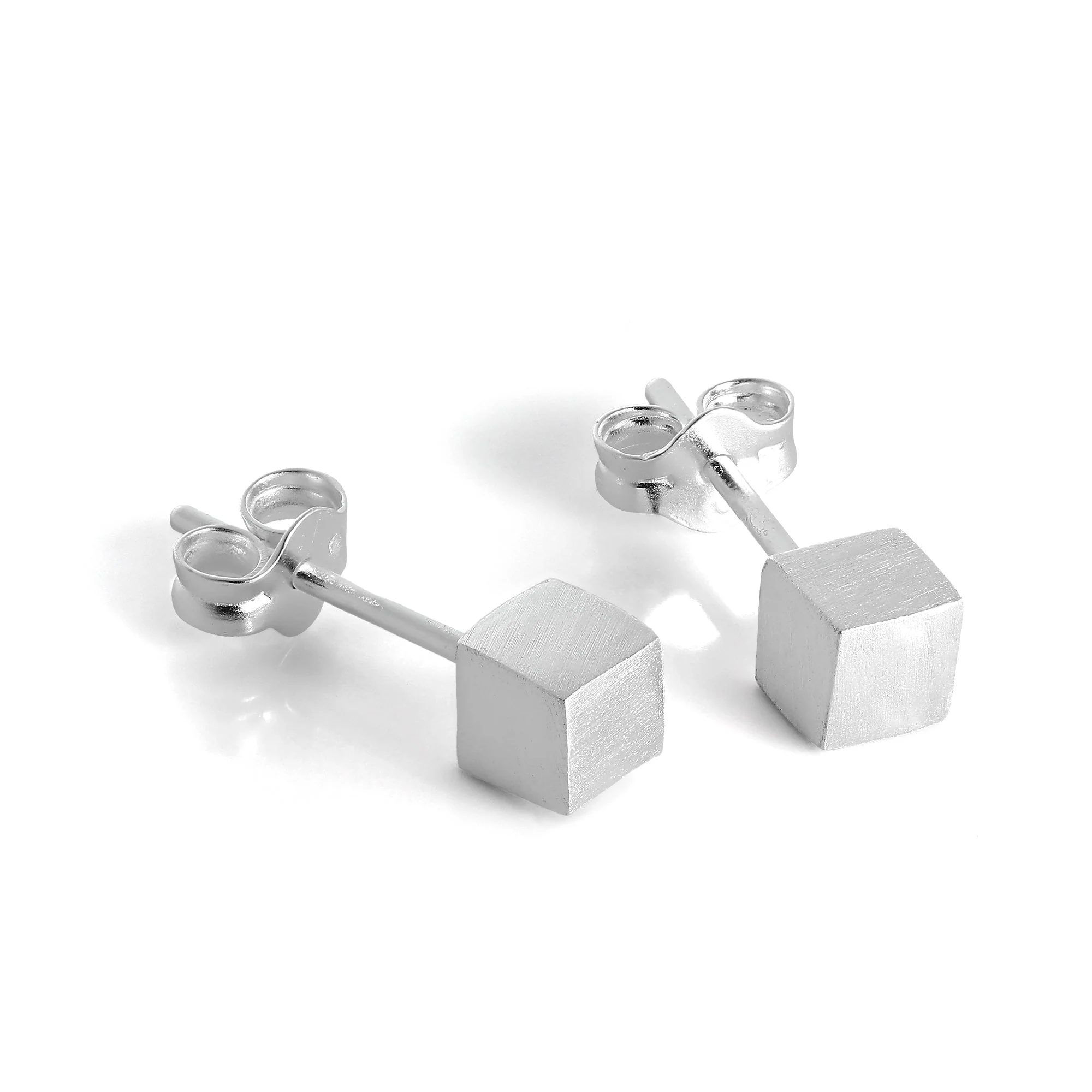 Brushed Sterling Silver Cube Stud Earrings 4mm - 7mm - Image 3