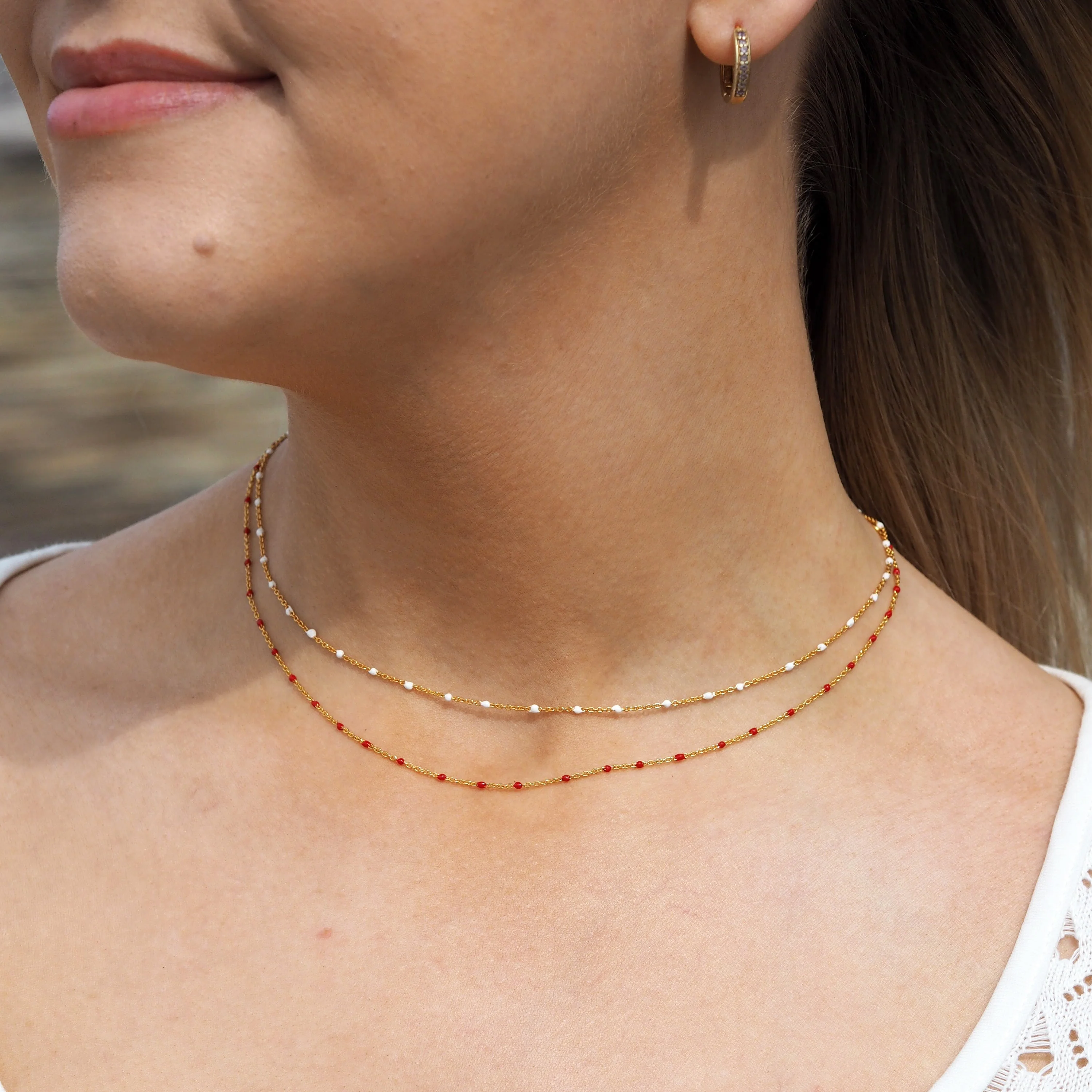 Fine Gold Plated Sterling Silver & Red Enamel Confetti Chain Necklace - 16 Inches - Image 2