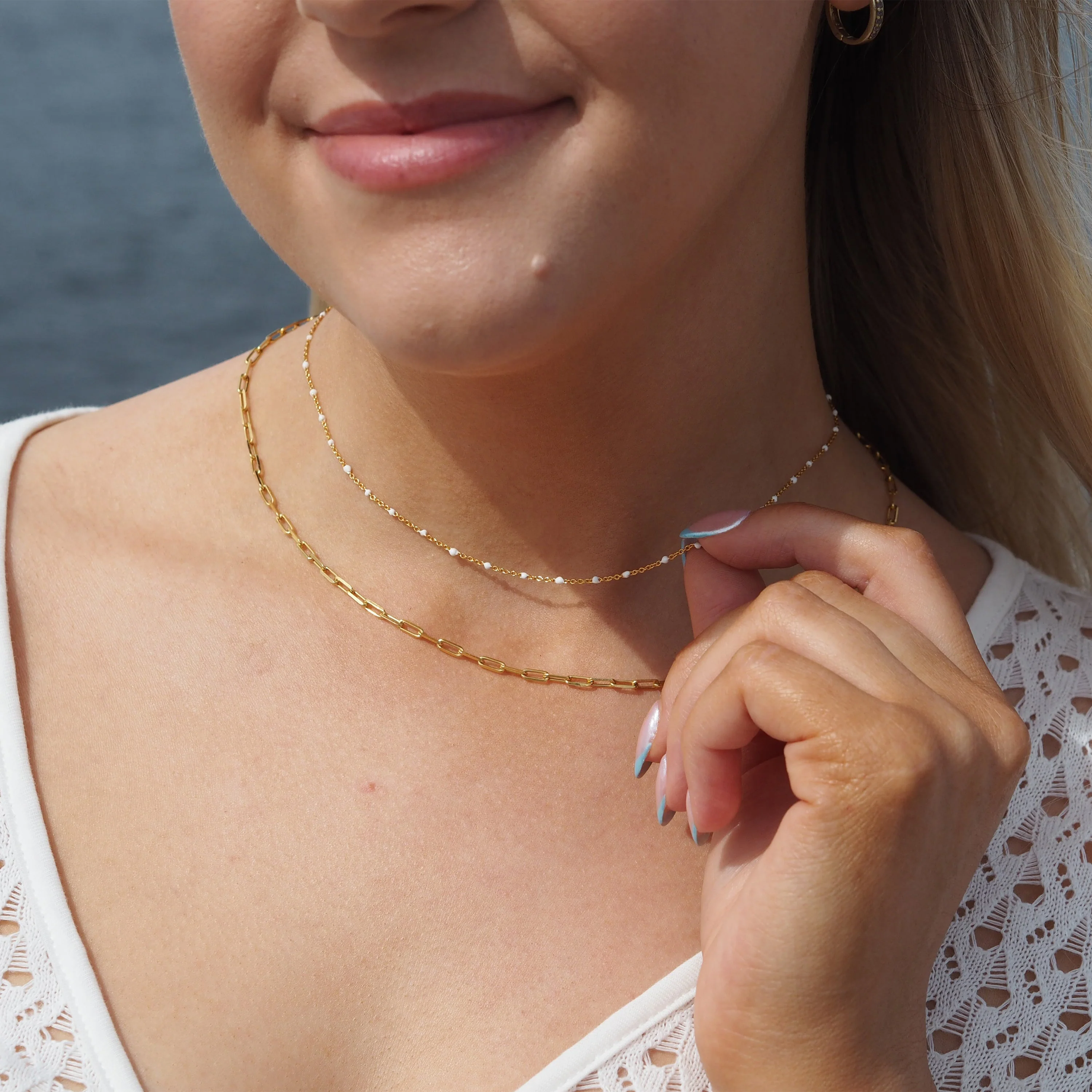 Fine Gold Plated Sterling Silver & White Enamel Confetti Chain Necklace - 16 Inches - Image 4