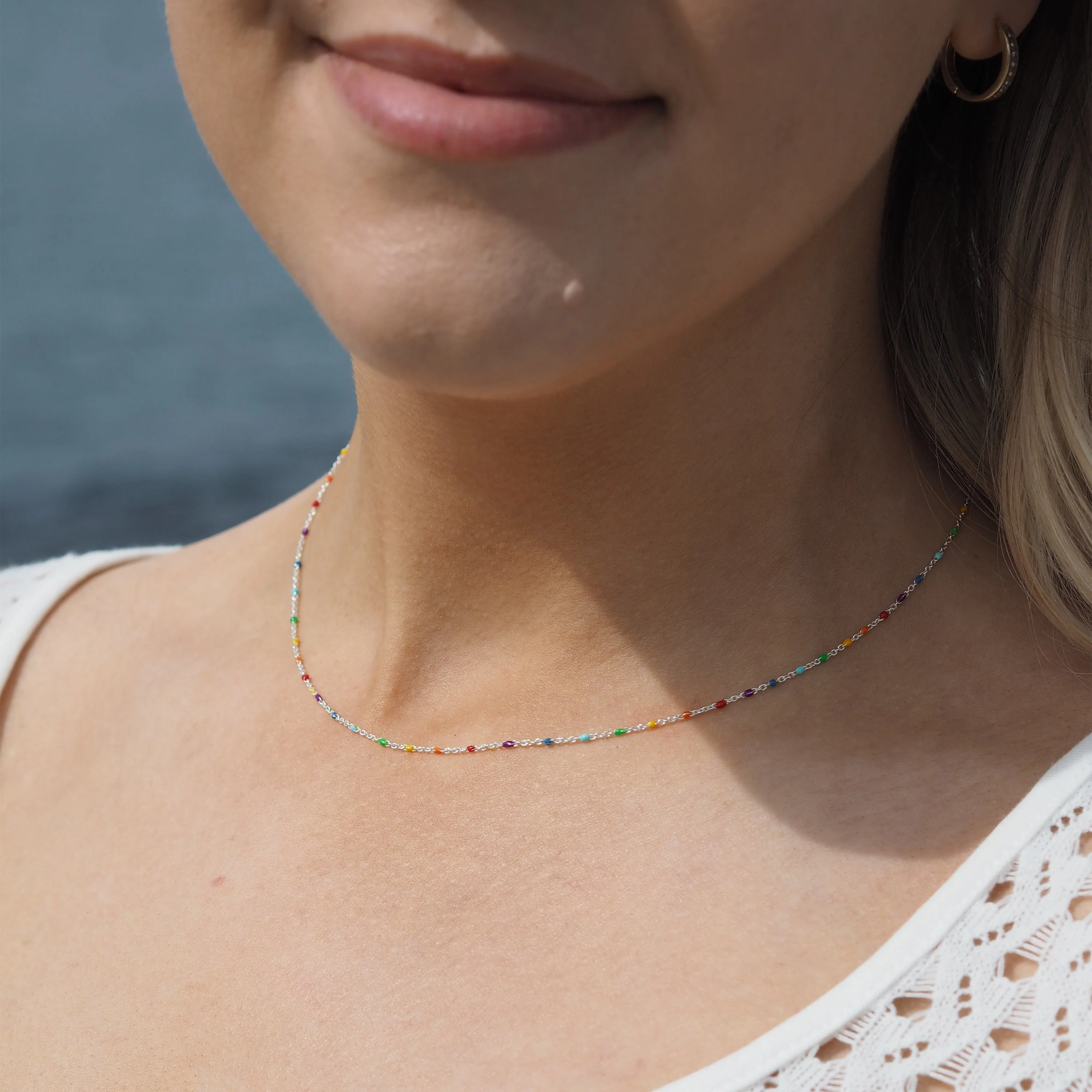 Fine Sterling Silver & Rainbow Enamel Confetti Chain Necklace - 16 Inches - Image 4