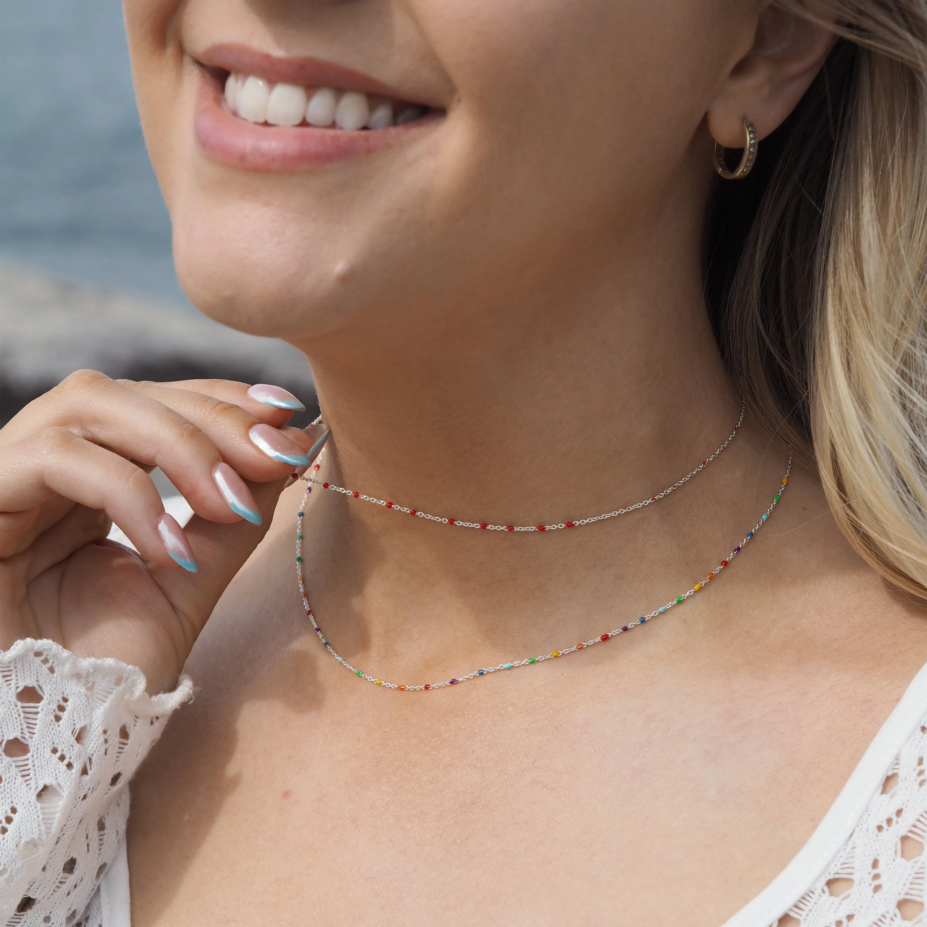 Fine Sterling Silver & Red Enamel Confetti Chain Necklace - 16 Inches - Image 3