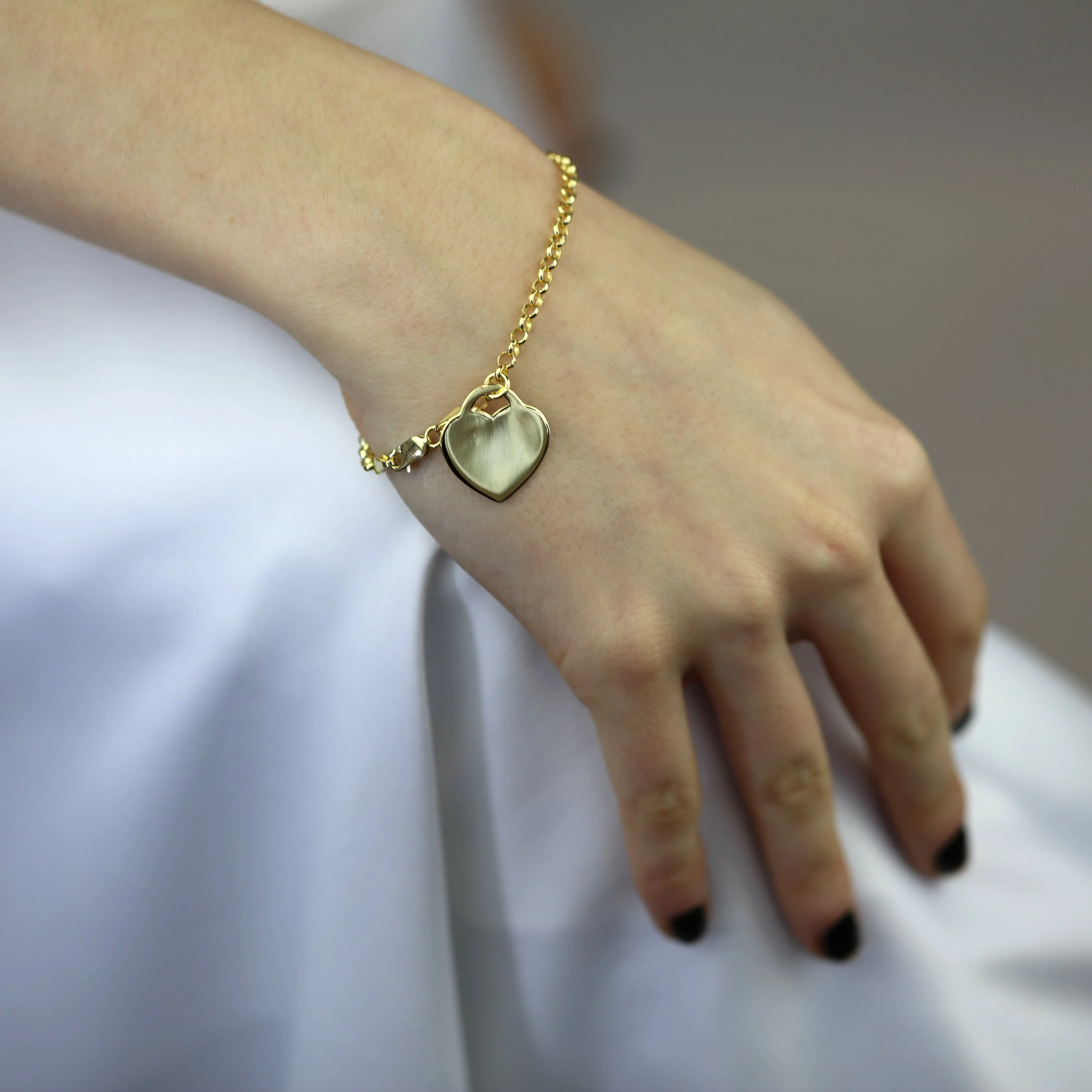 Gold Plated Sterling Silver 7 Inch Bracelet Engravable Padlock Heart - Image 2