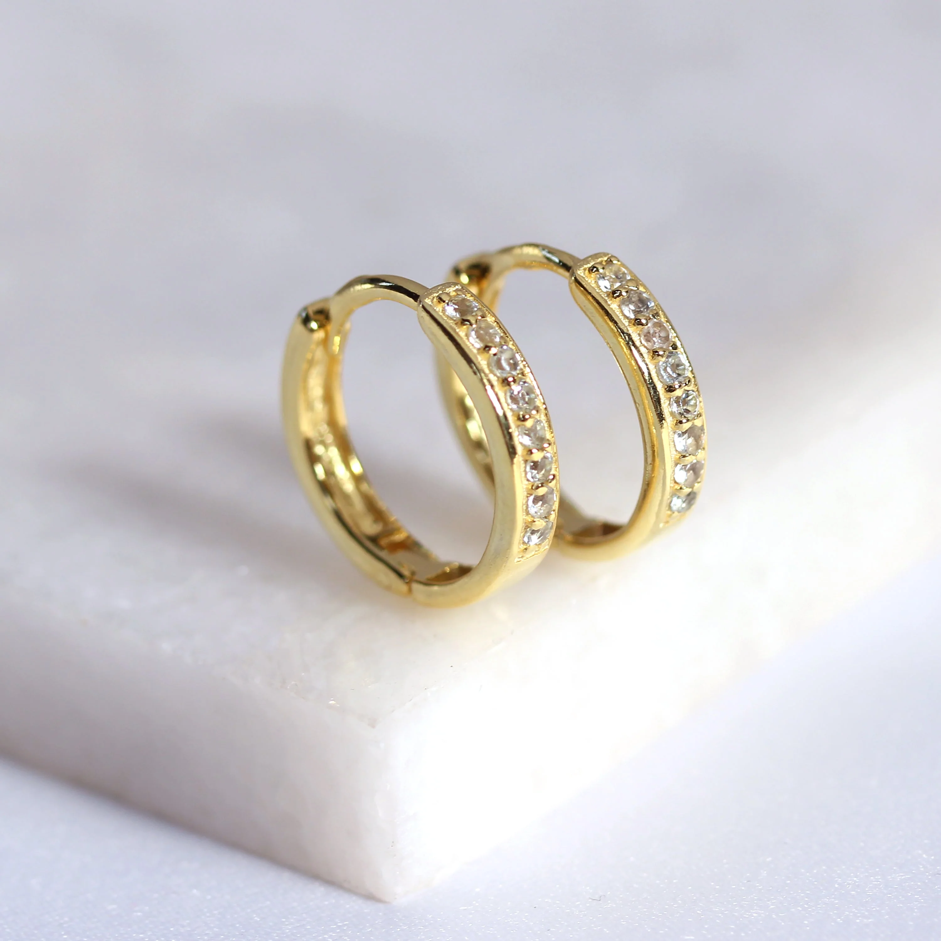 Gold Plated Sterling Silver Aquamarine CZ 15mm Hoop Earrings - Image 3