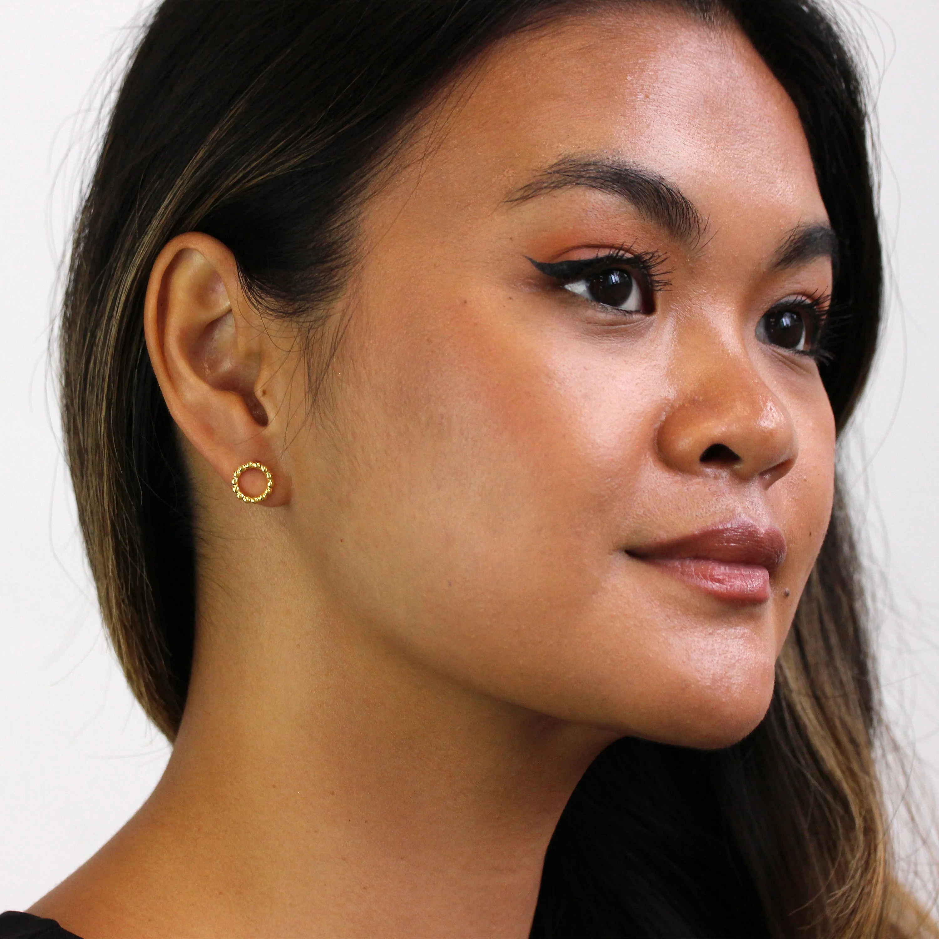 Gold Plated Sterling Silver Bobble Beaded Circle Stud Earrings - Image 2