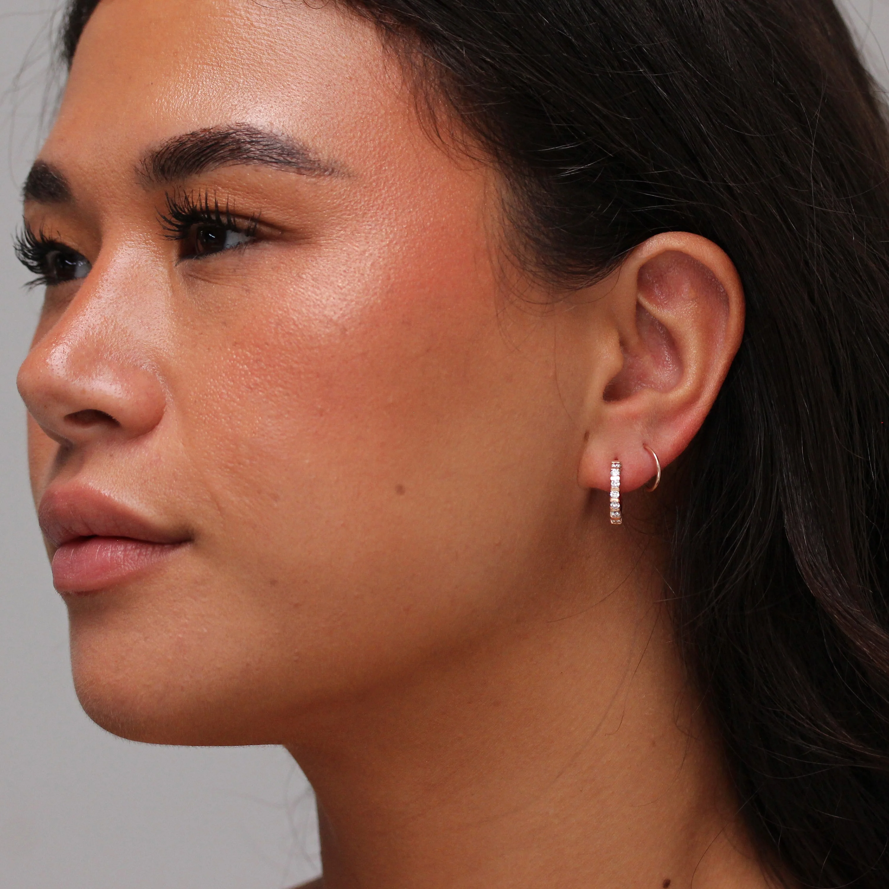 Gold Plated Sterling Silver CZ Bar Set Huggie Hoop Earrings - Image 2