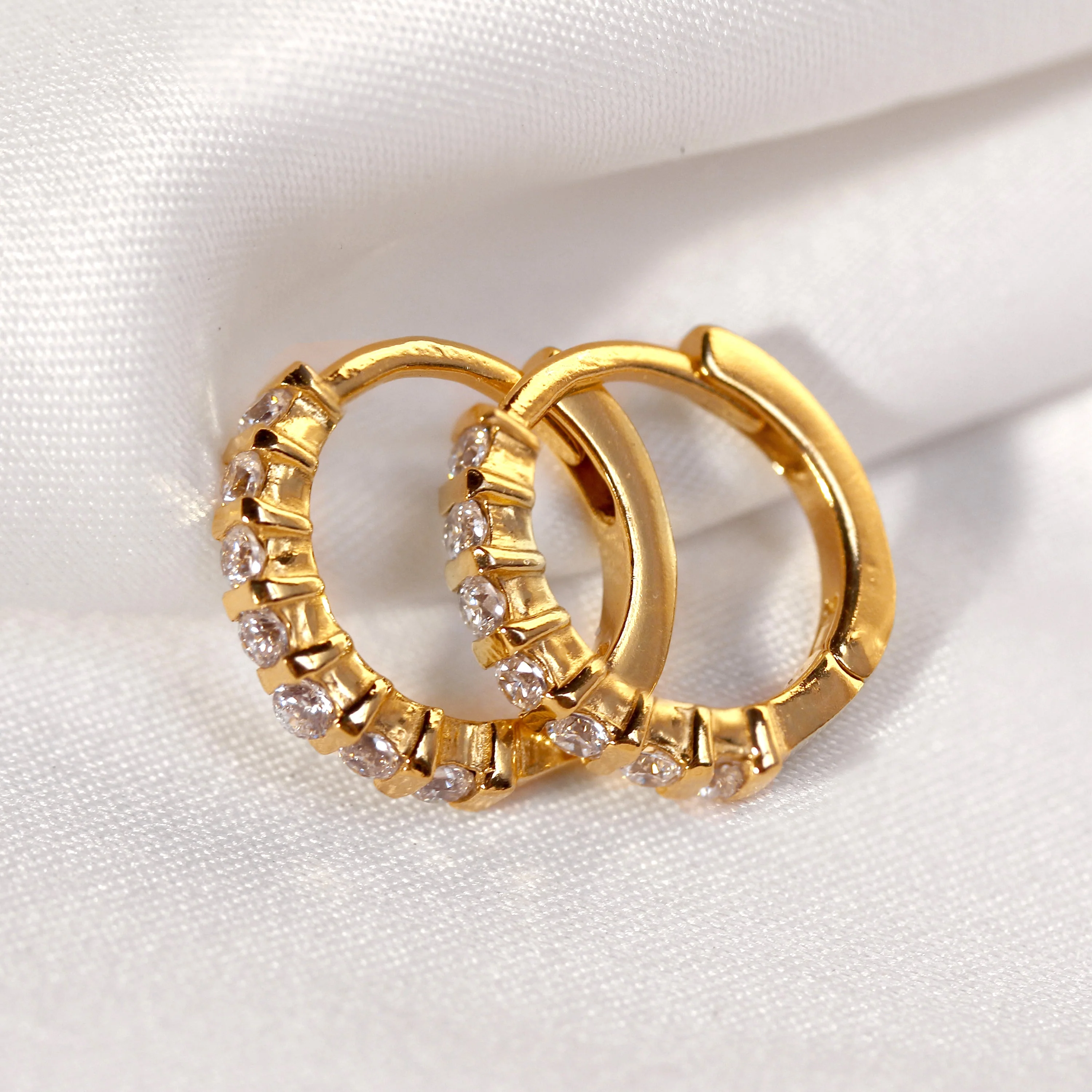 Gold Plated Sterling Silver CZ Bar Set Huggie Hoop Earrings - Image 4