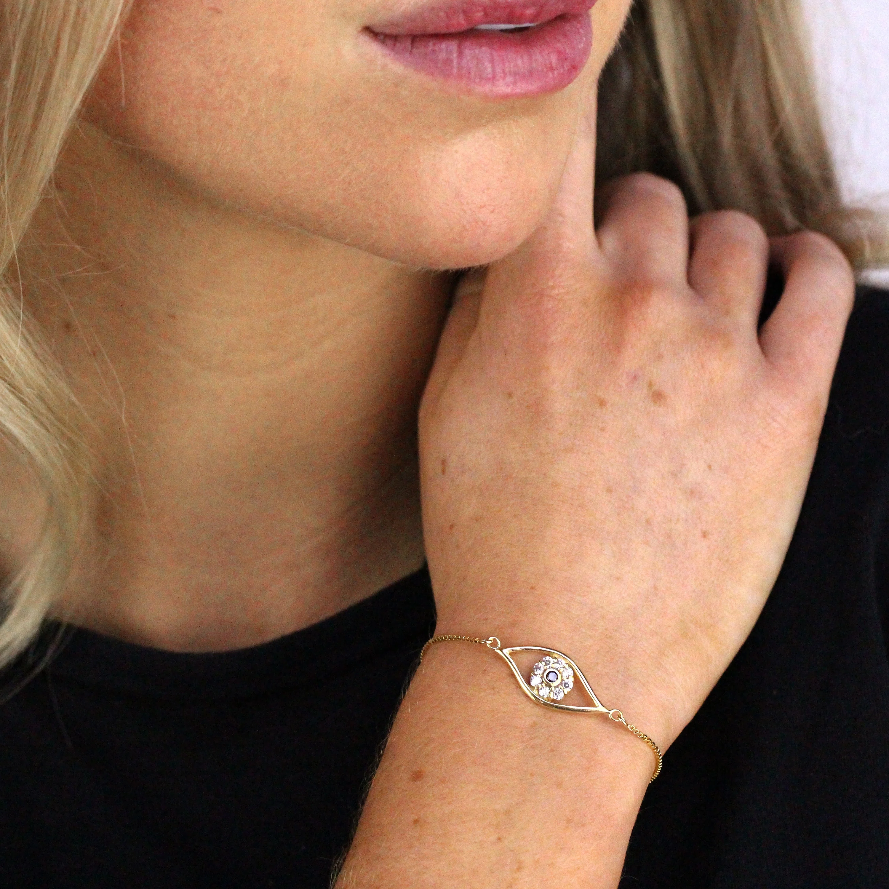 Gold Plated Sterling Silver & CZ Evil Eye Adjustable Bracelet - Image 2