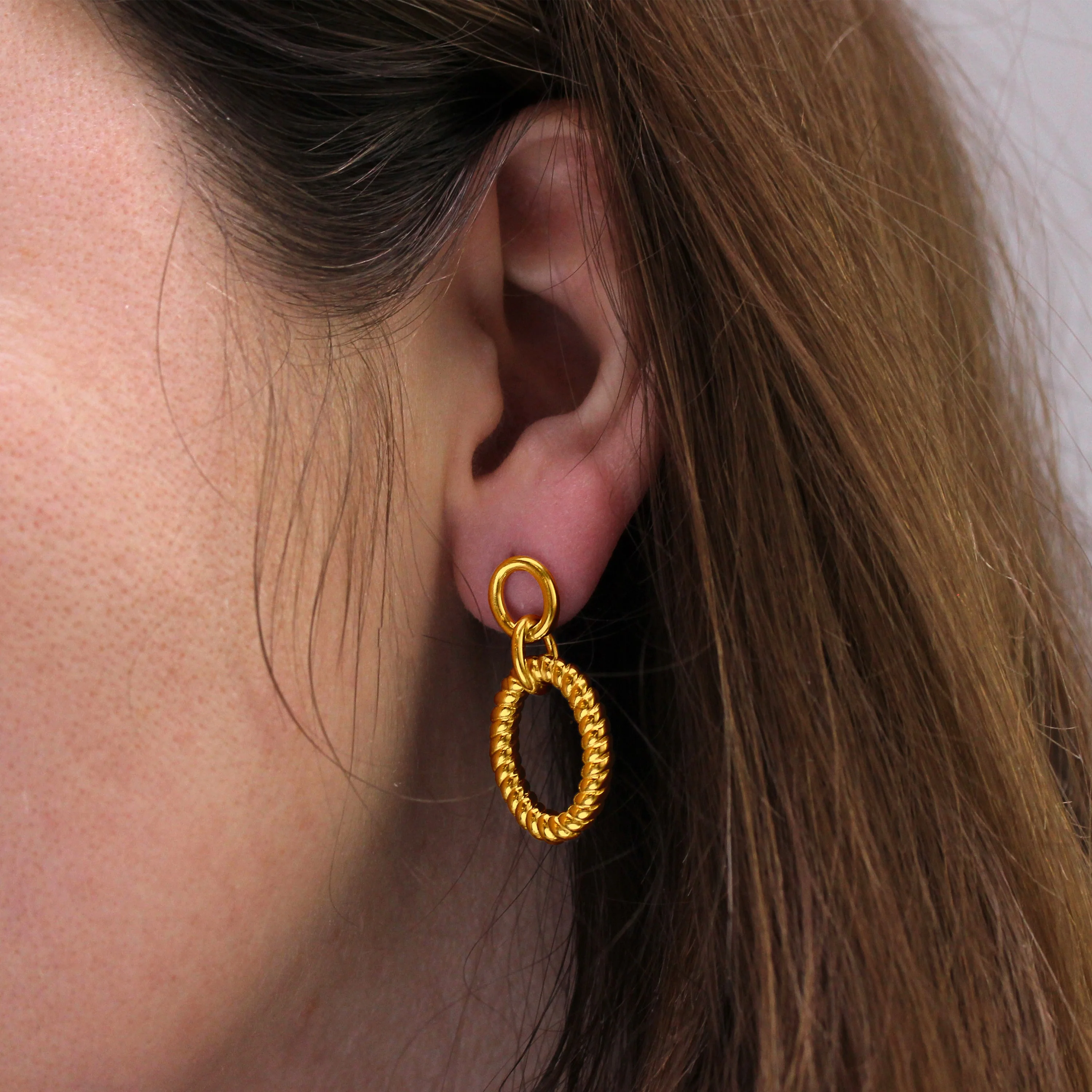 Gold Plated Sterling Silver Double Oval Twist Rope Stud Drop Dangle Earrings - Image 3