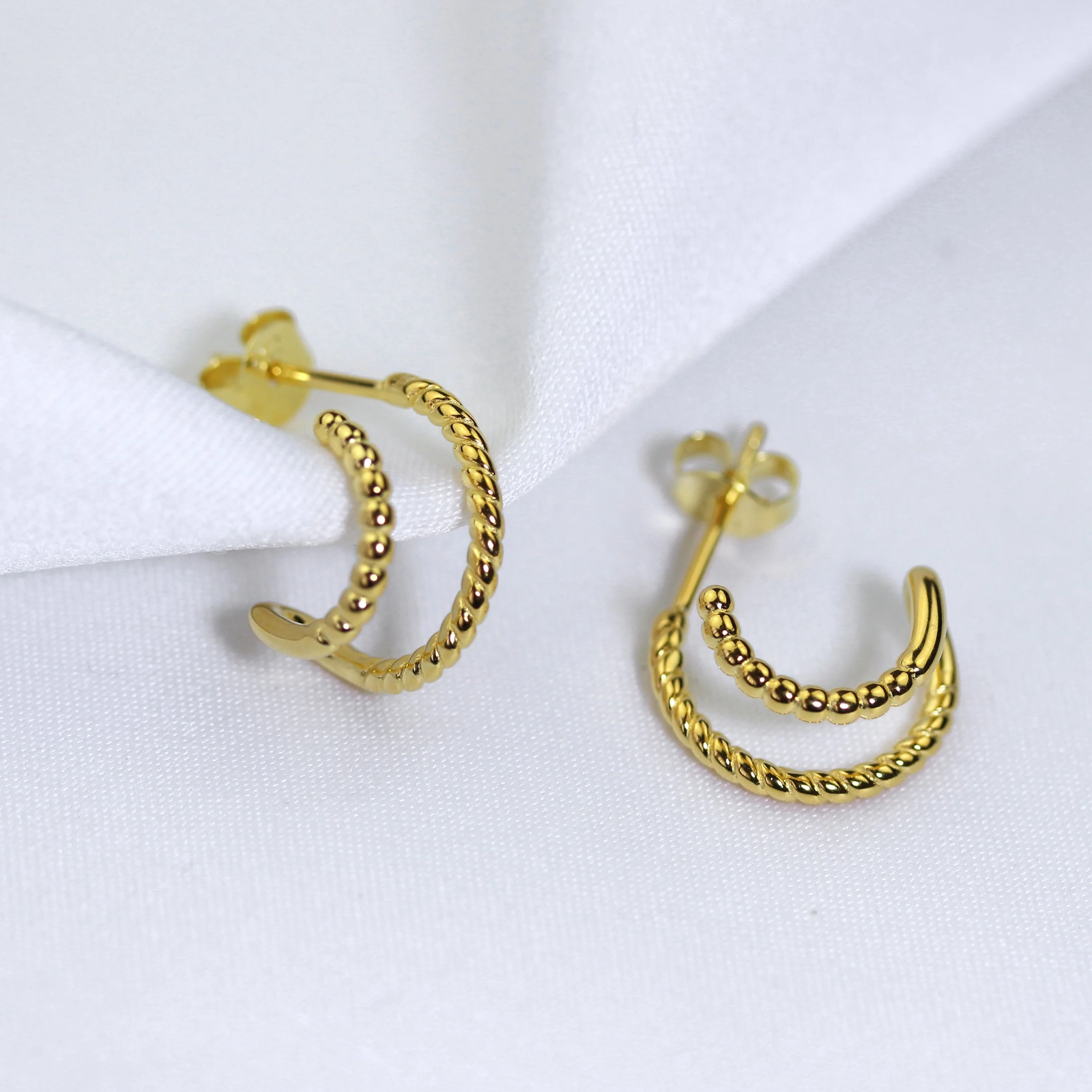 Gold Plated Sterling Silver Double Twist Open 14mm Stud Hoop Earrings - Image 2