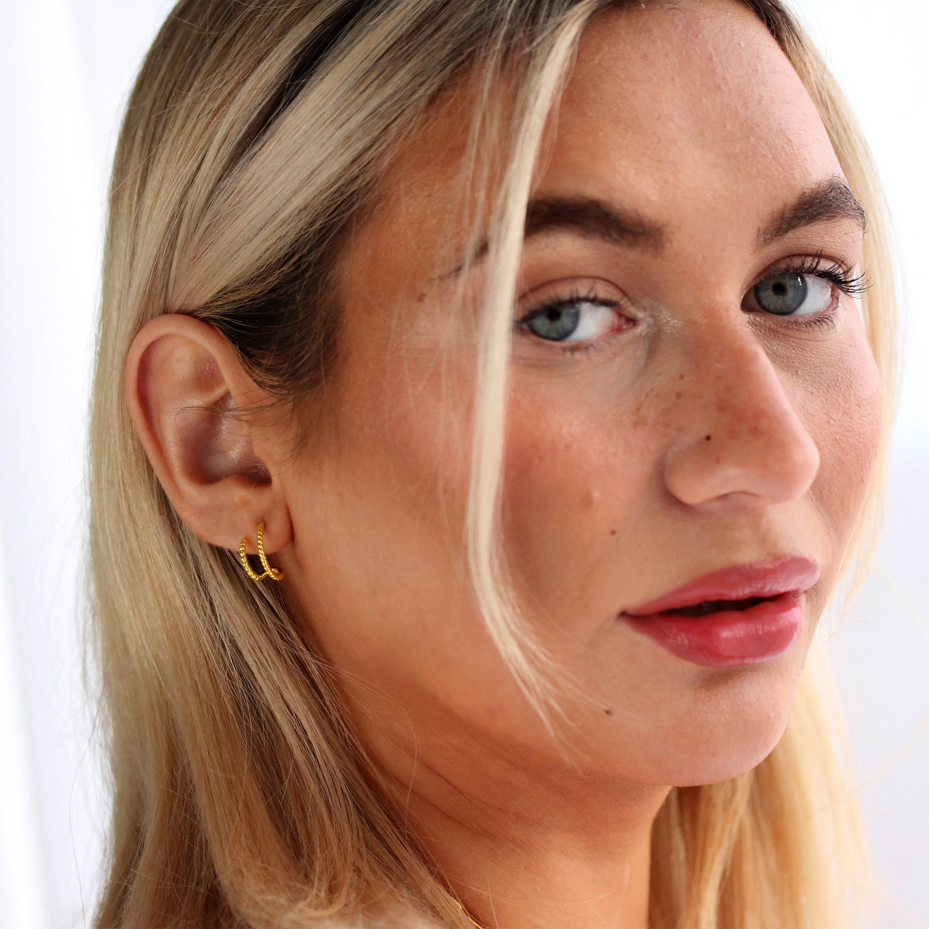 Gold Plated Sterling Silver Double Twist Open 14mm Stud Hoop Earrings - Image 3