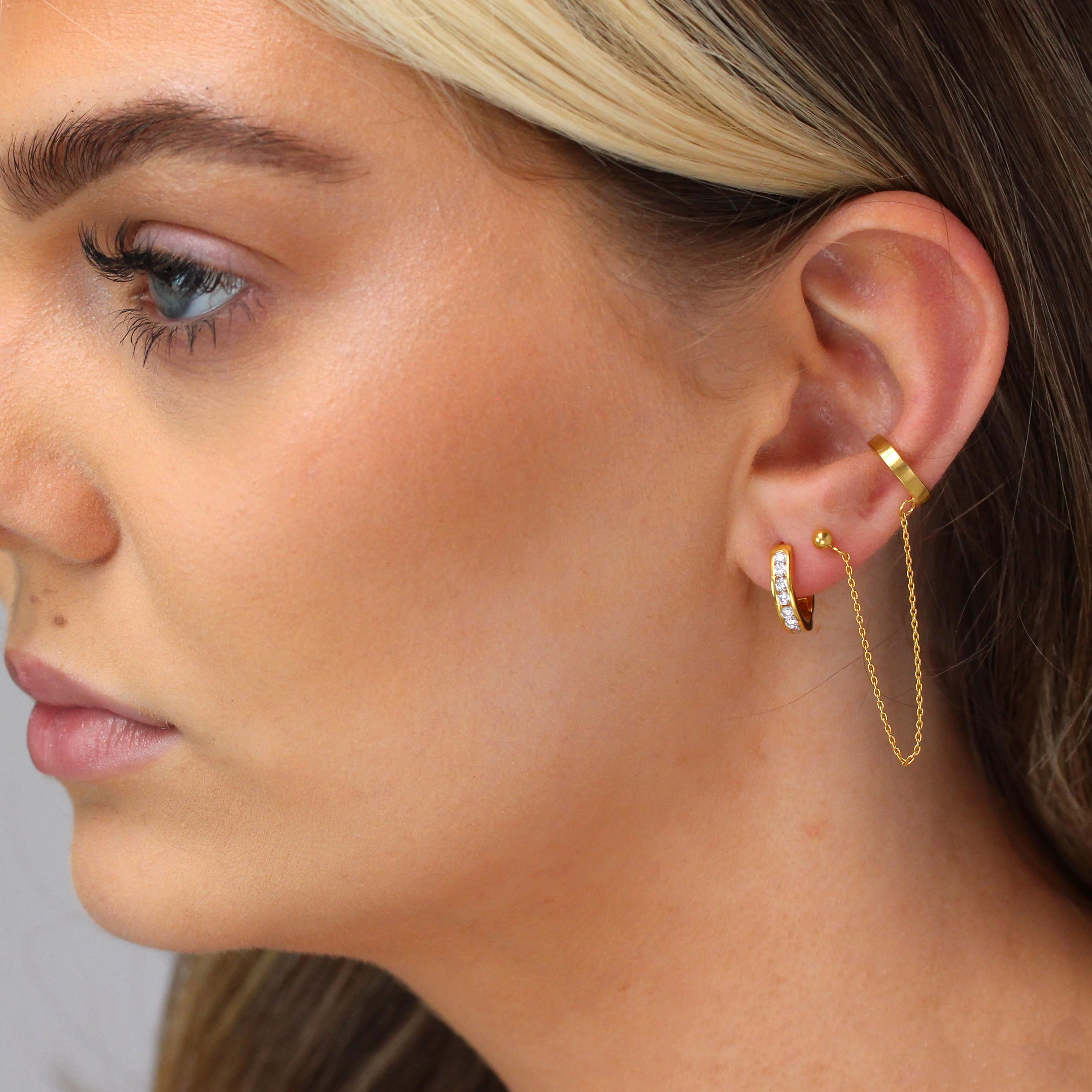 Gold Plated Sterling Silver Ear Cuff Ball Stud Chain Earring - Image 2