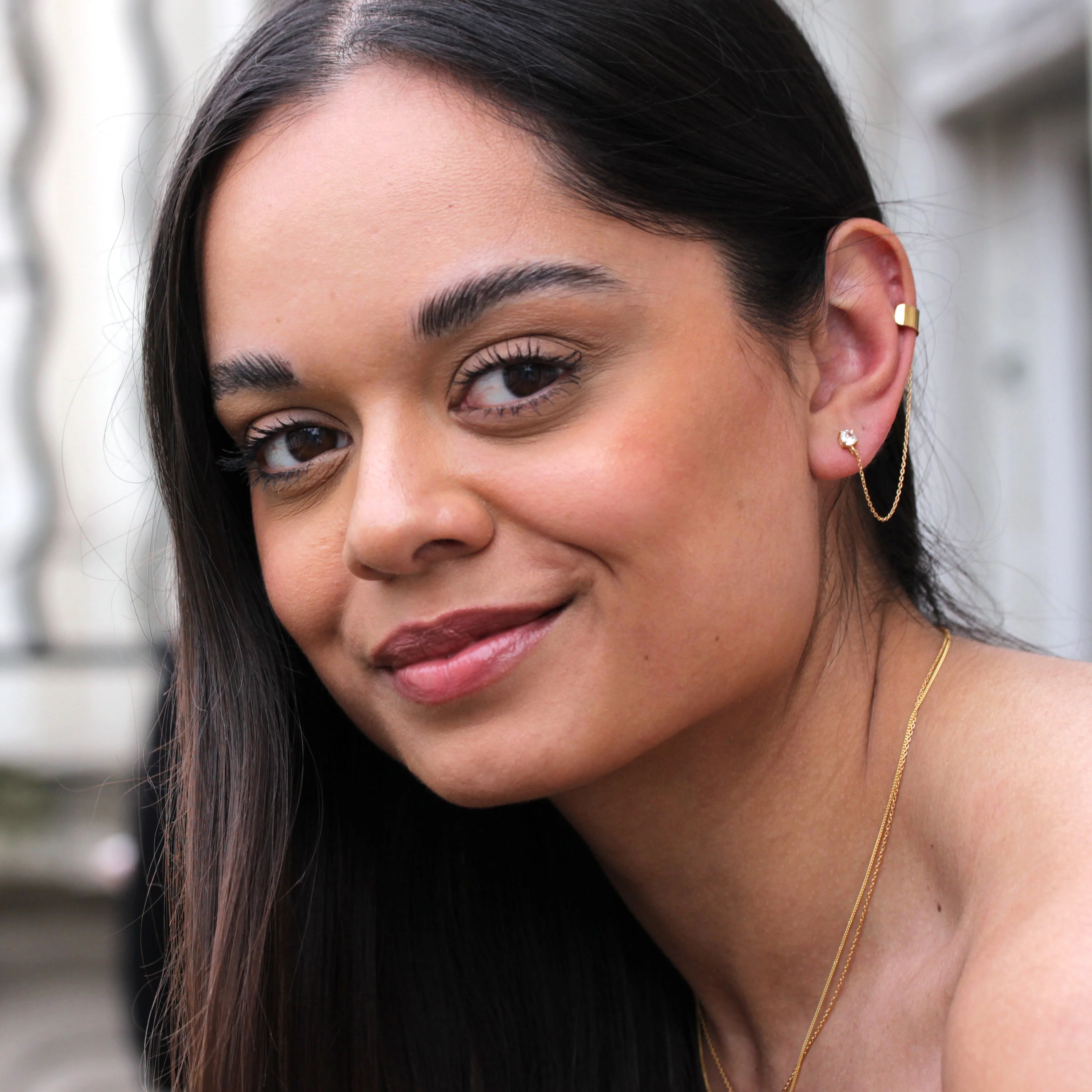Gold Plated Sterling Silver Ear Cuff CZ Stud Chain Earring - Image 2