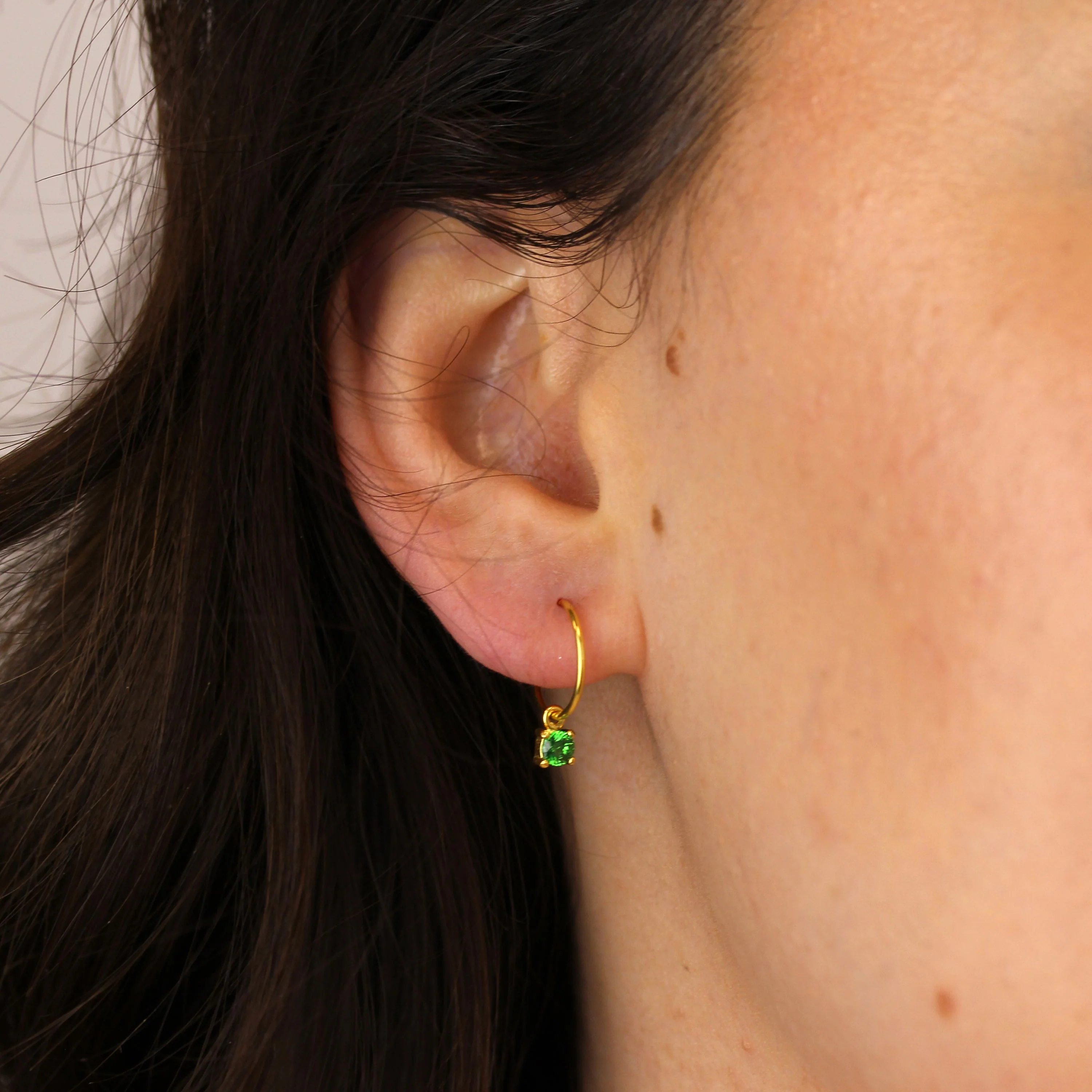 Gold Plated Sterling Silver Emerald CZ 12mm Charm Hoop Earrings - Image 2