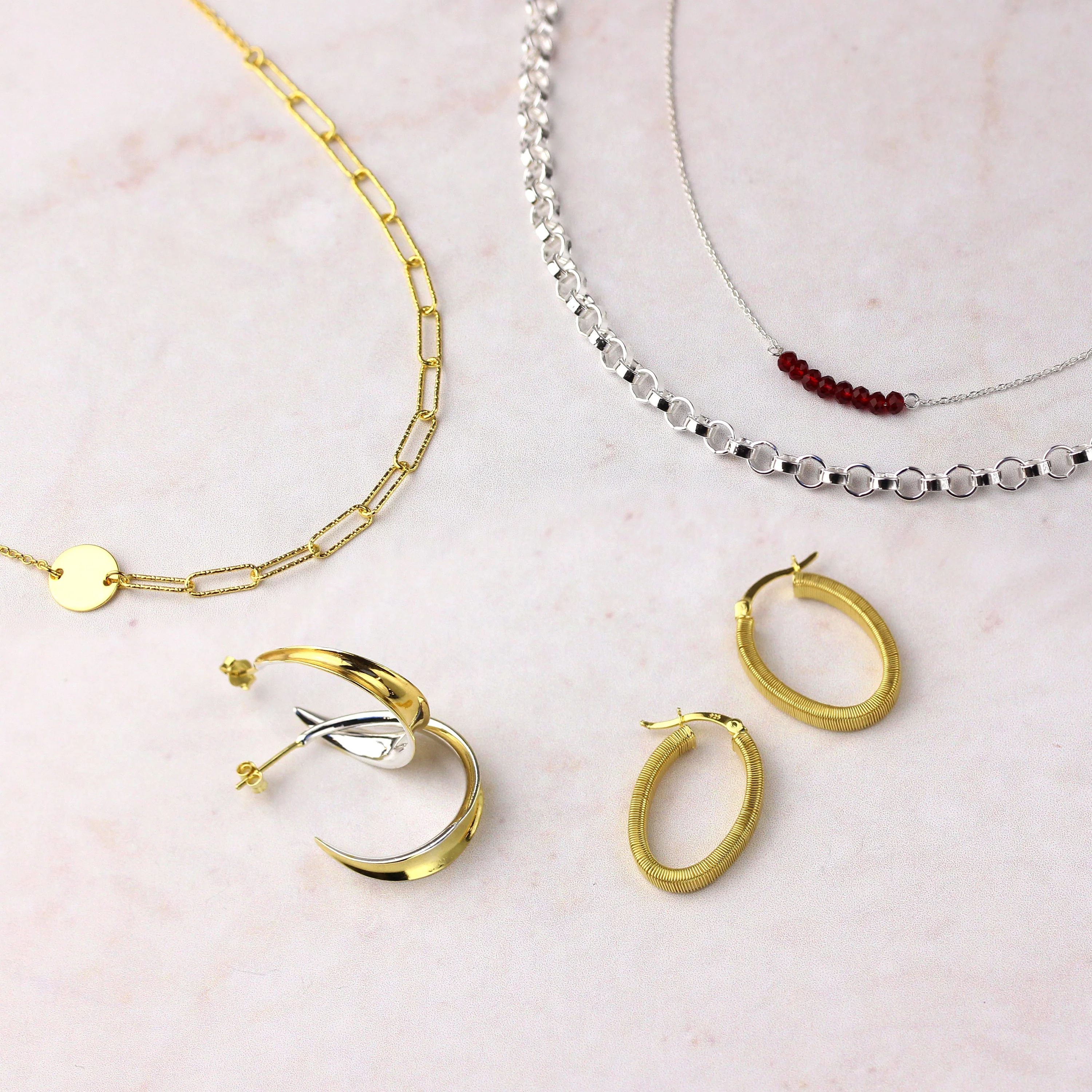 Gold Plated Sterling Silver Engravable Disc Hammered Long Link Necklace - Image 2