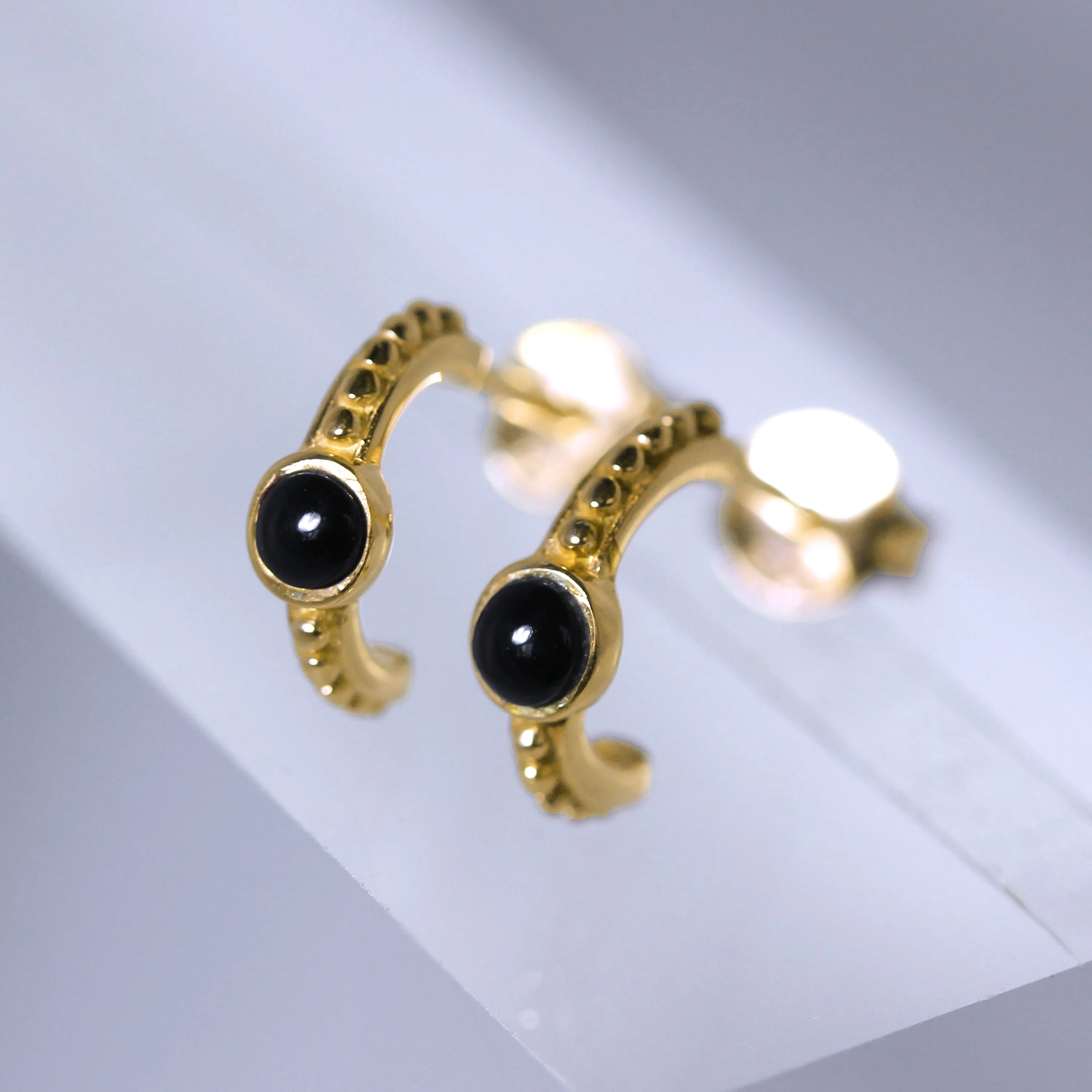 Gold Plated Sterling Silver Faux Onyx Beaded Hoop Stud Earrings - Image 3