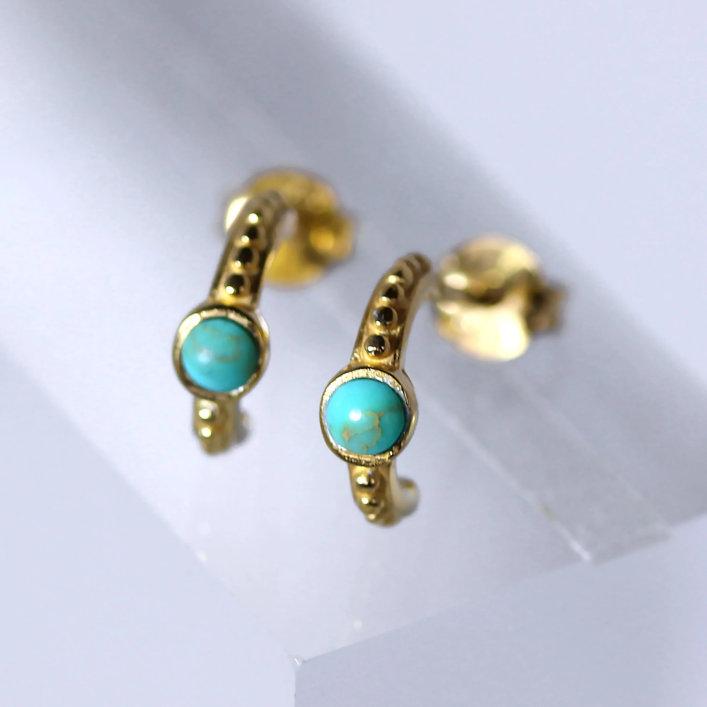 Gold Plated Sterling Silver Faux Turquoise Beaded Hoop Stud Earrings - Image 2