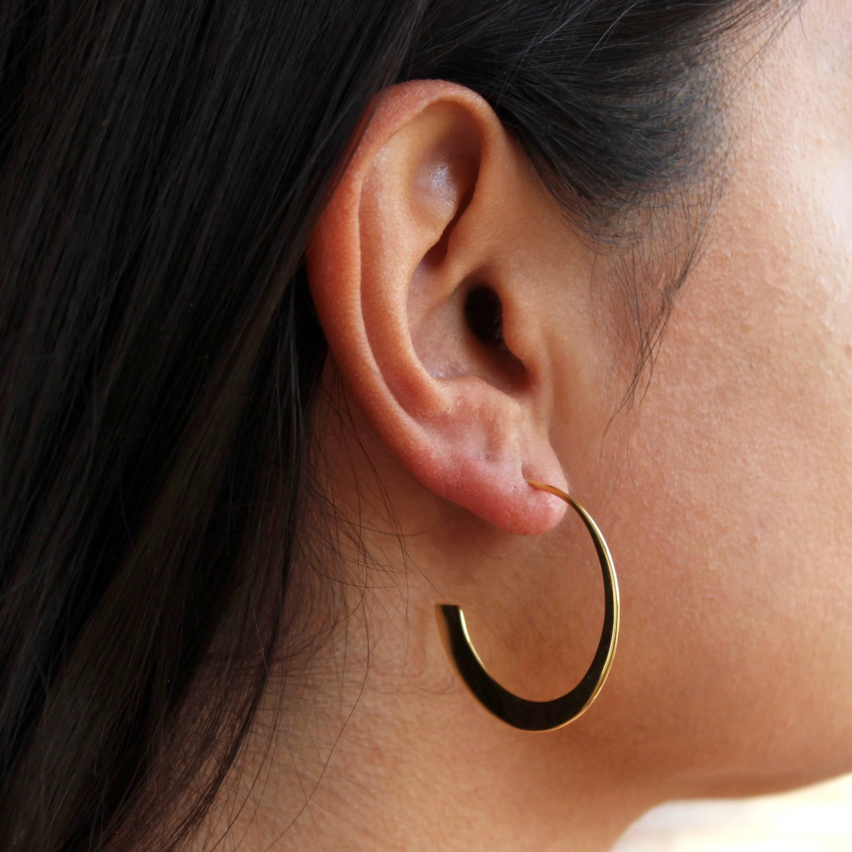 Gold Plated Sterling Silver Flat Tapered Open Hoop Stud Earrings - Image 2