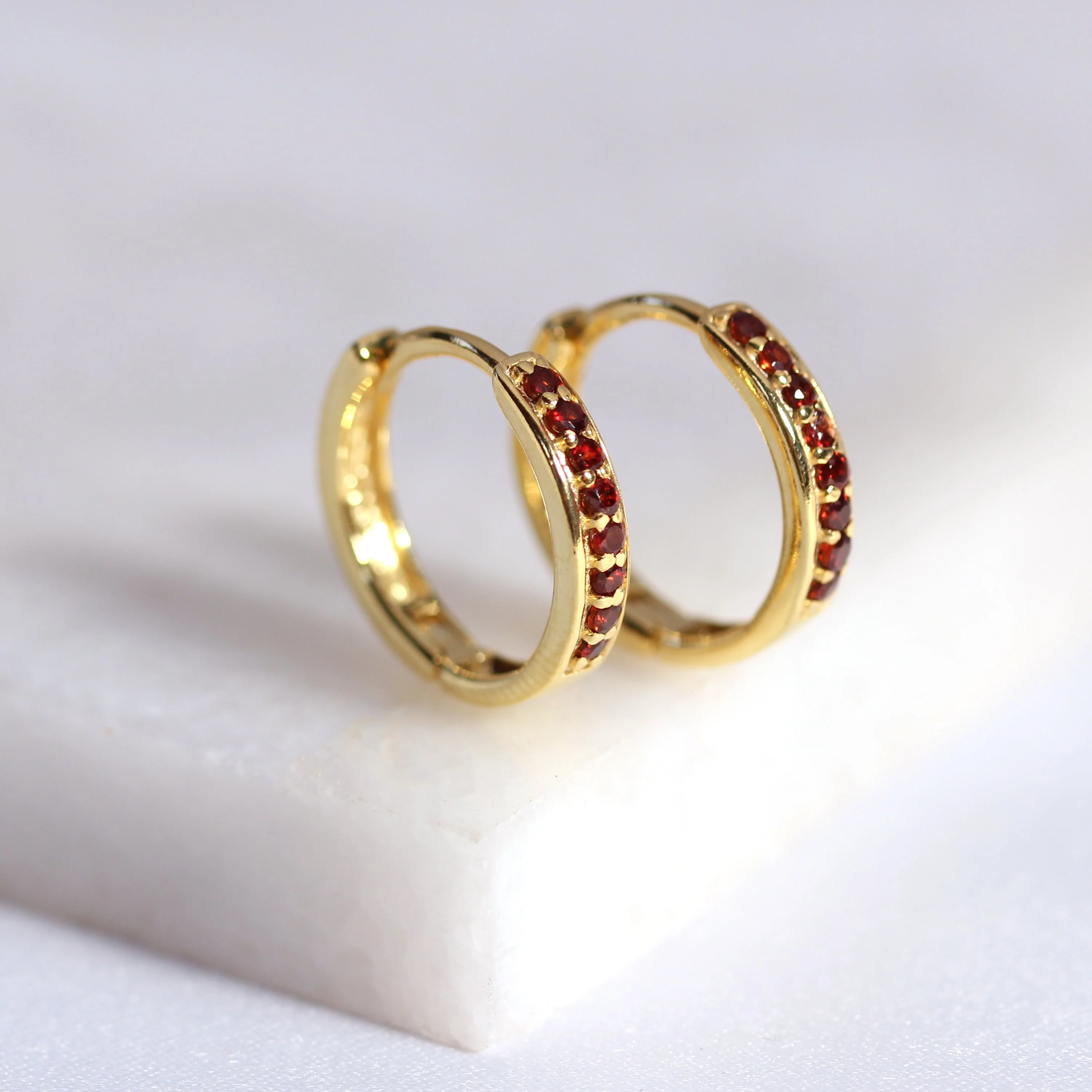 Gold Plated Sterling Silver Garnet CZ 15mm Huggie Hoop Earrings - Image 3