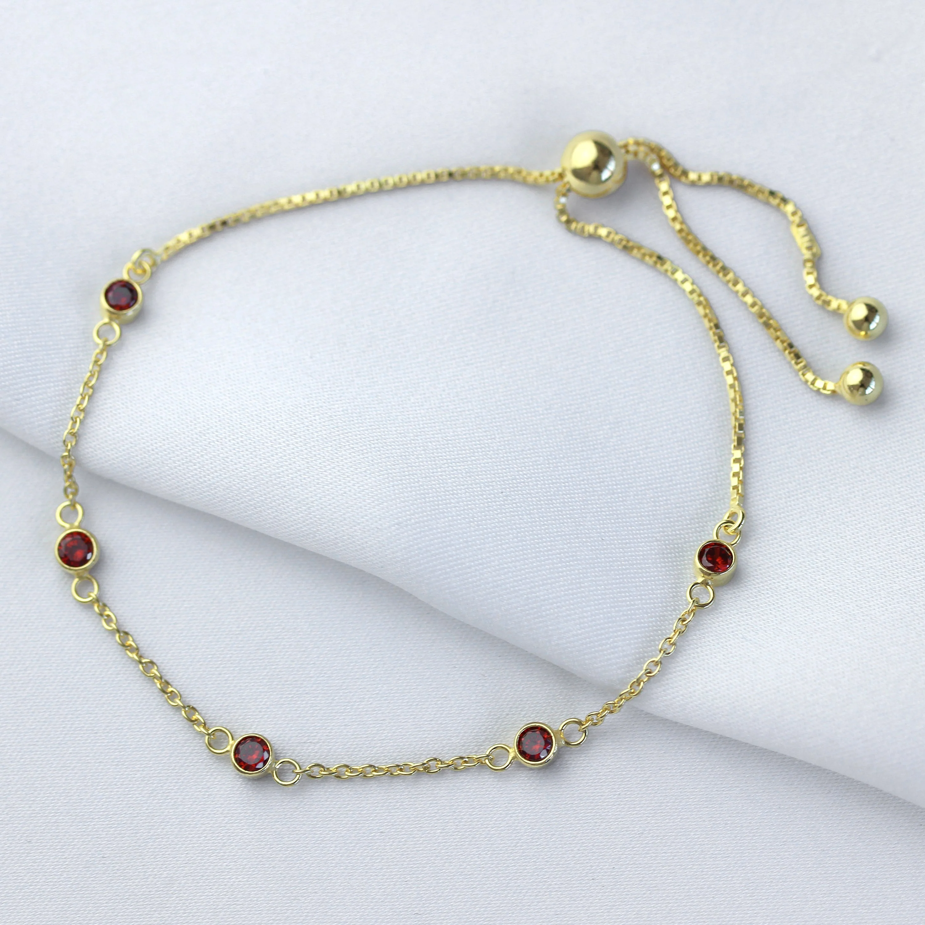 Gold Plated Sterling Silver Garnet CZ Adjustable Bracelet - Image 3