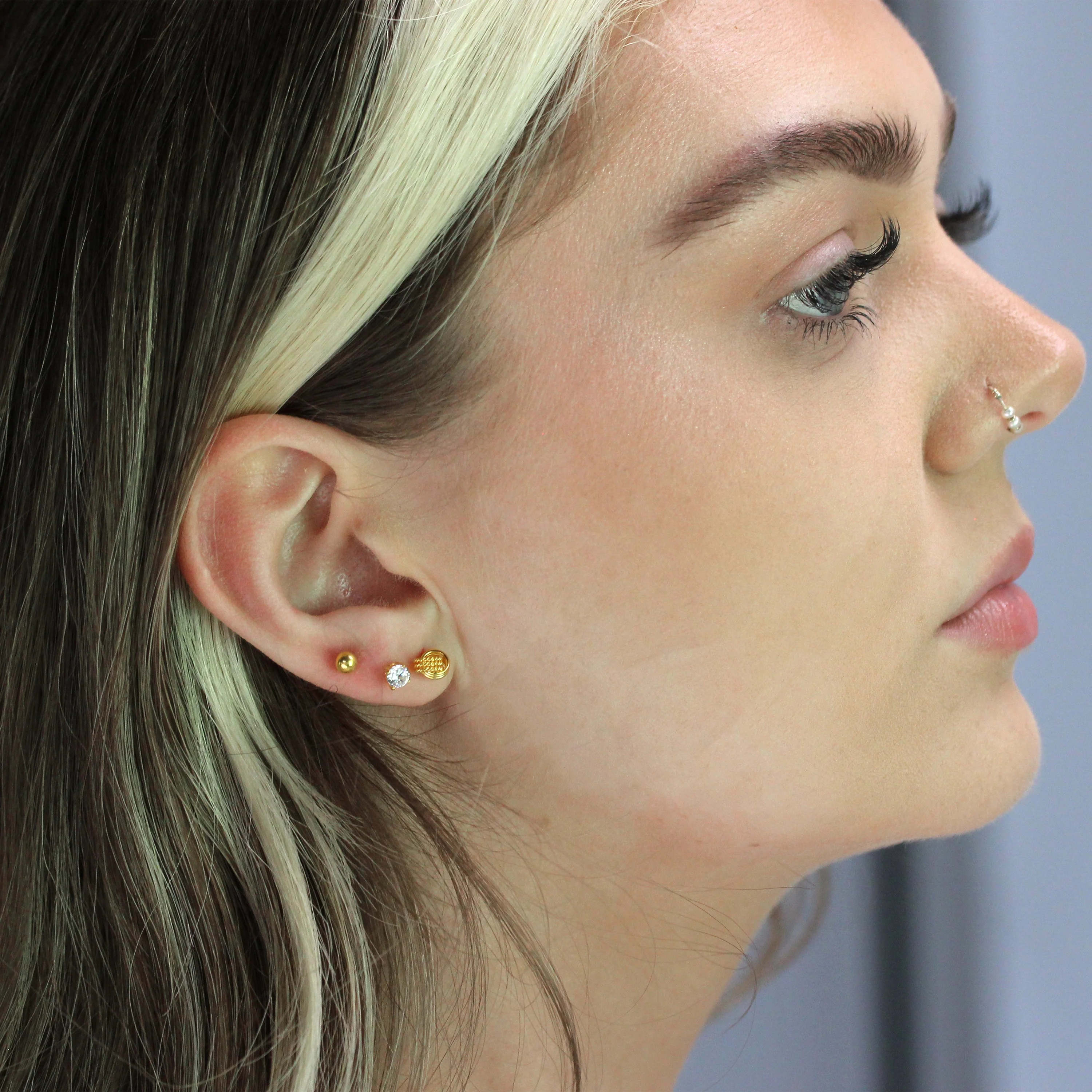 Gold Plated Sterling Silver Knot CZ Ball Stud Earrings Set - Image 2