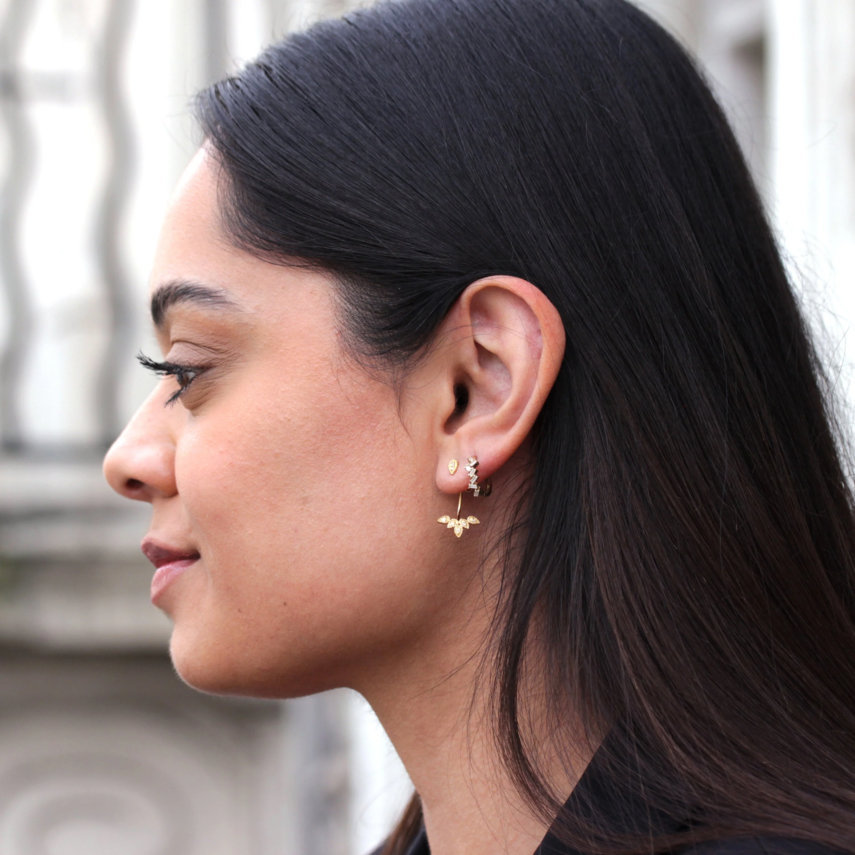 Gold Plated Sterling Silver Leaves CZ Ear Jacket Stud Earrings - Image 4