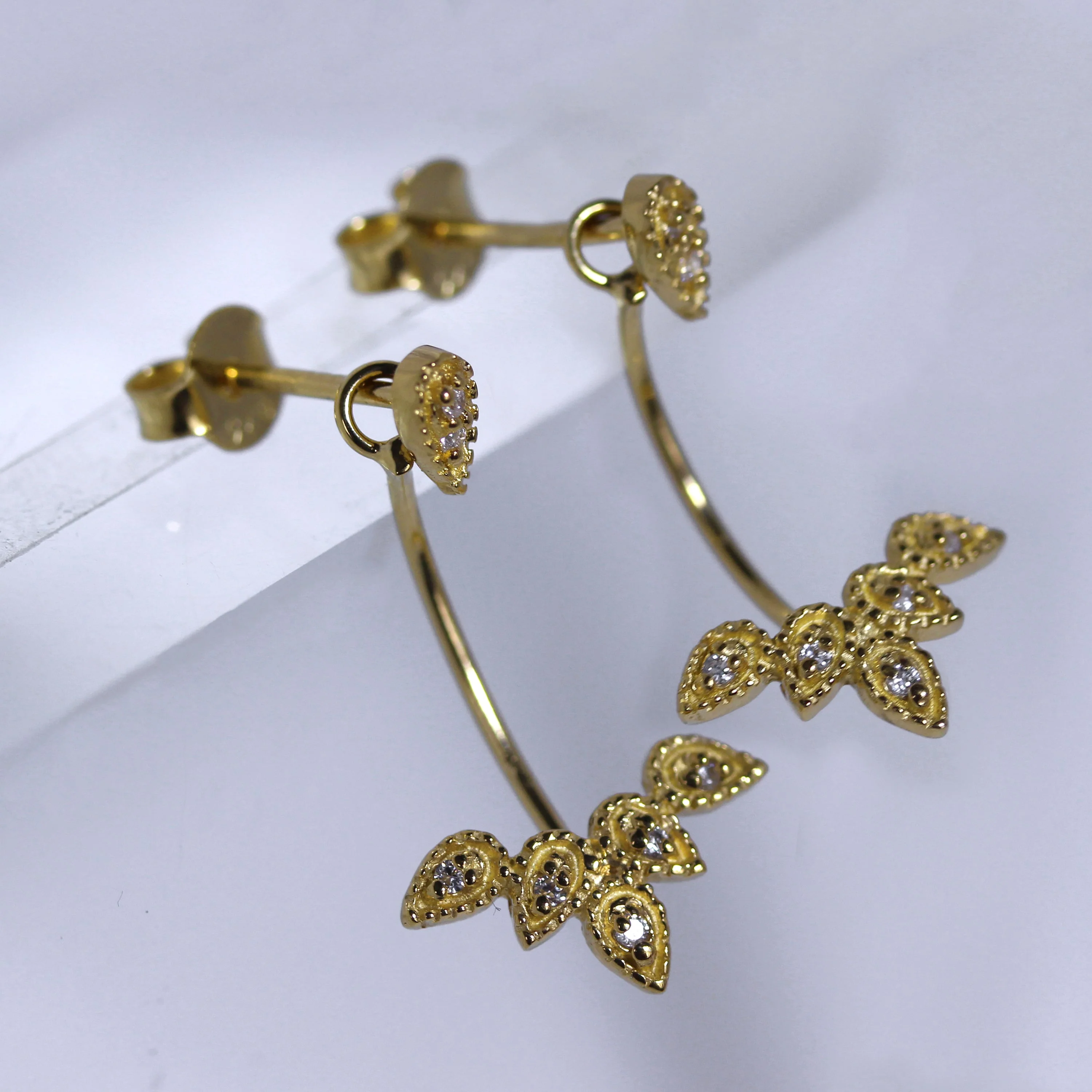 Gold Plated Sterling Silver Leaves CZ Ear Jacket Stud Earrings - Image 5