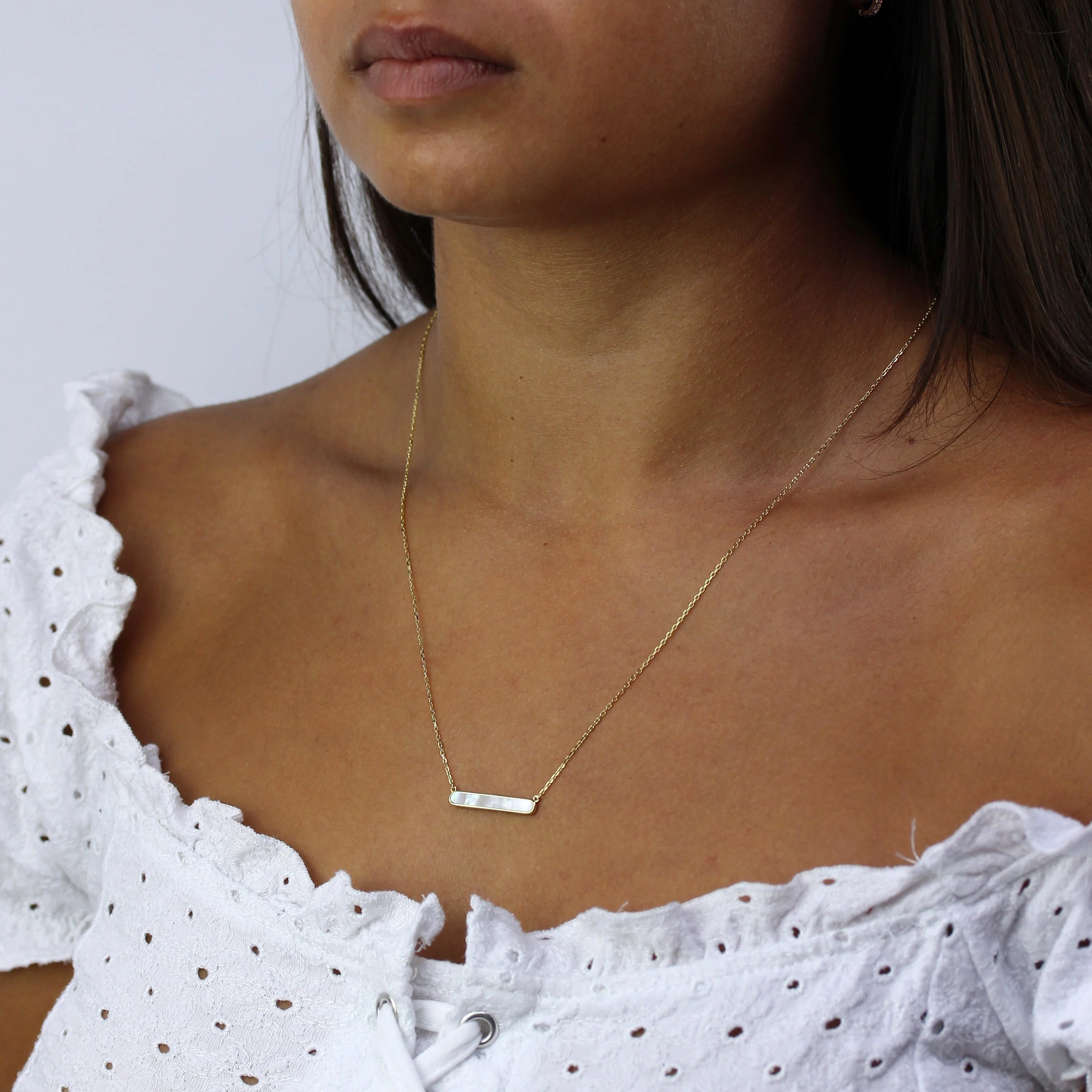Gold Plated Sterling Silver Mother of Pearl Bar Necklace 18" - Image 3