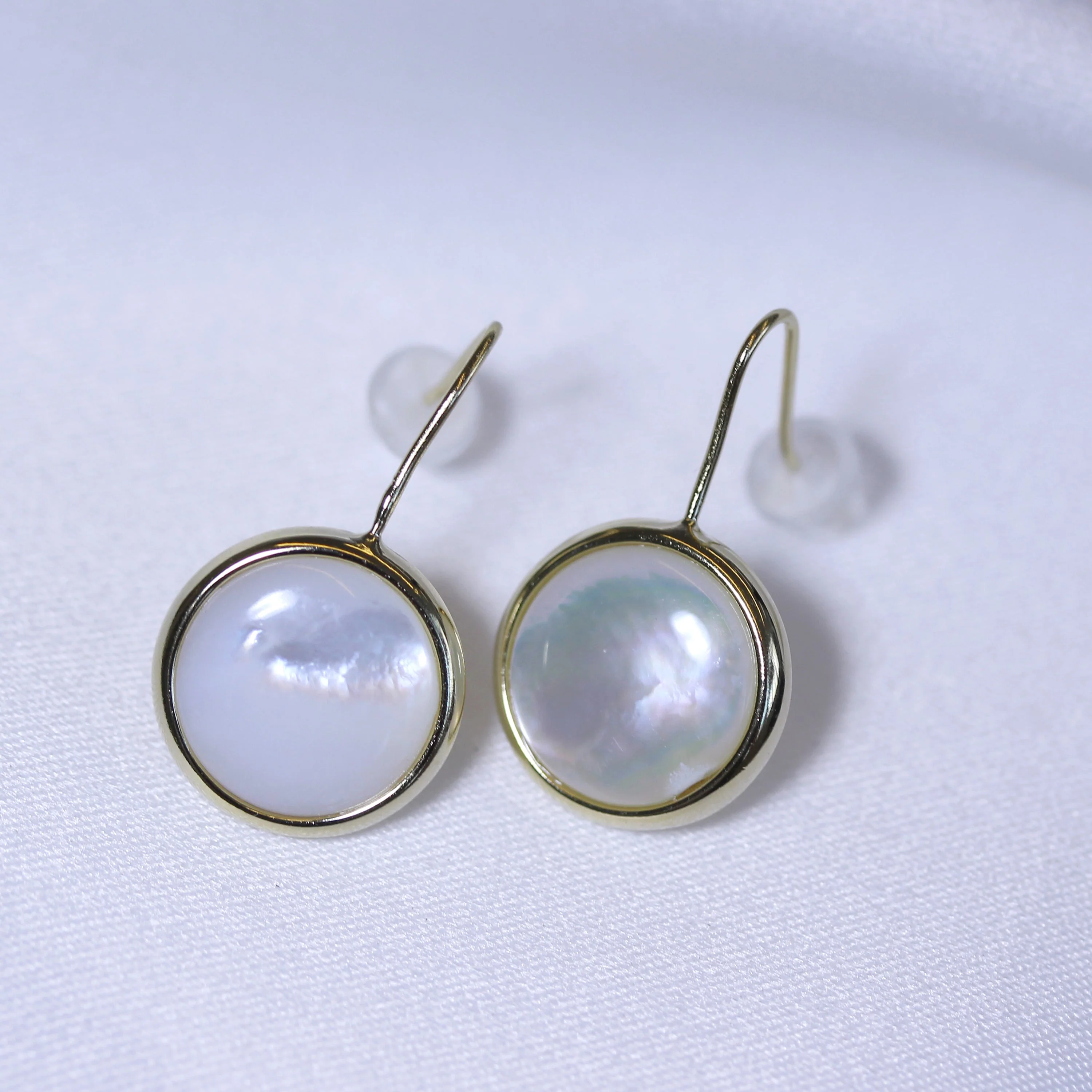 Gold Plated Sterling Silver Mother of Pearl Round Drop Earrings - Image 3