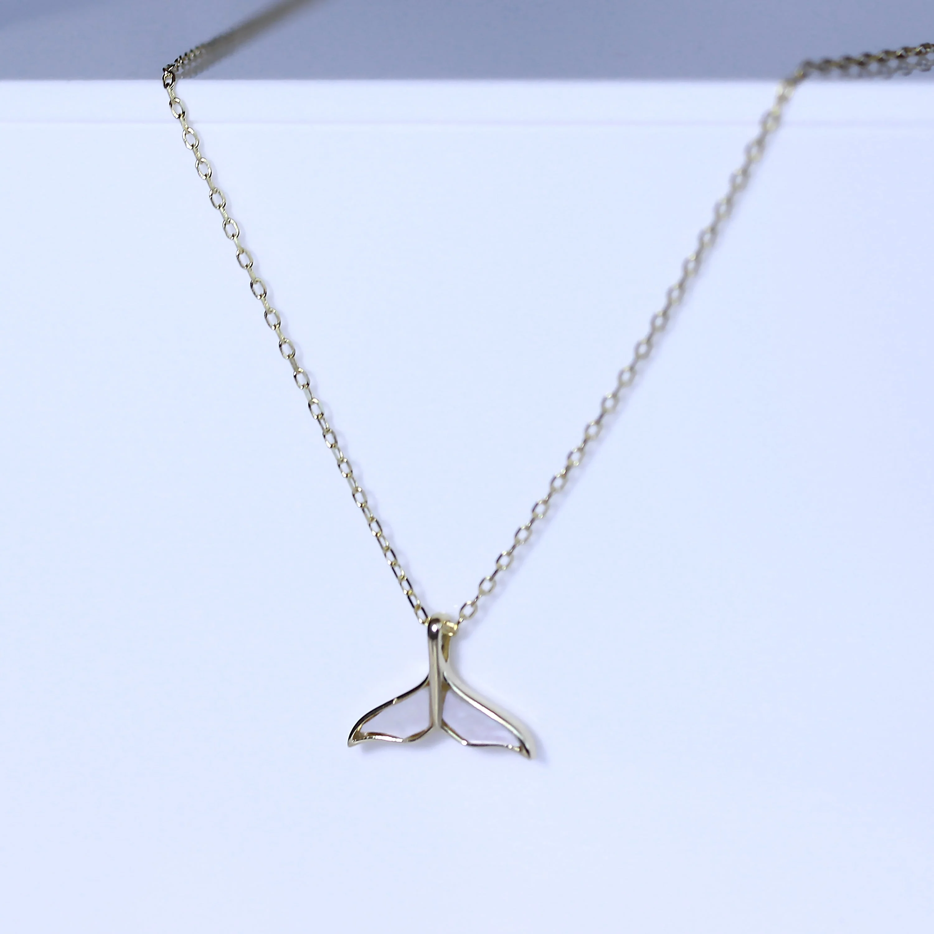 Gold Plated Sterling Silver Mother of Pearl Whale Tail Necklace - 18 Inches - Image 2