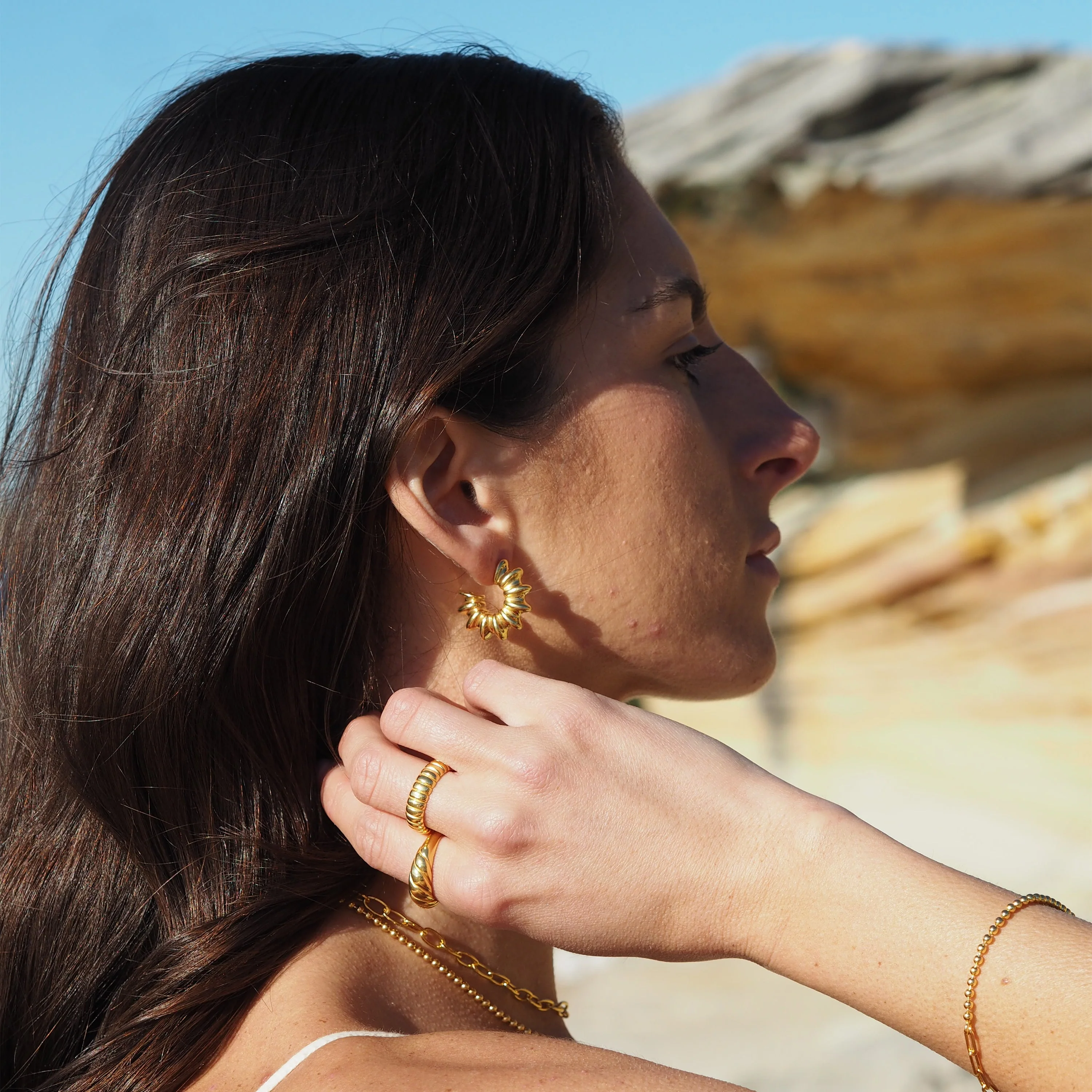Gold Plated Sterling Silver Open Stud Hoop Earrings - Image 4