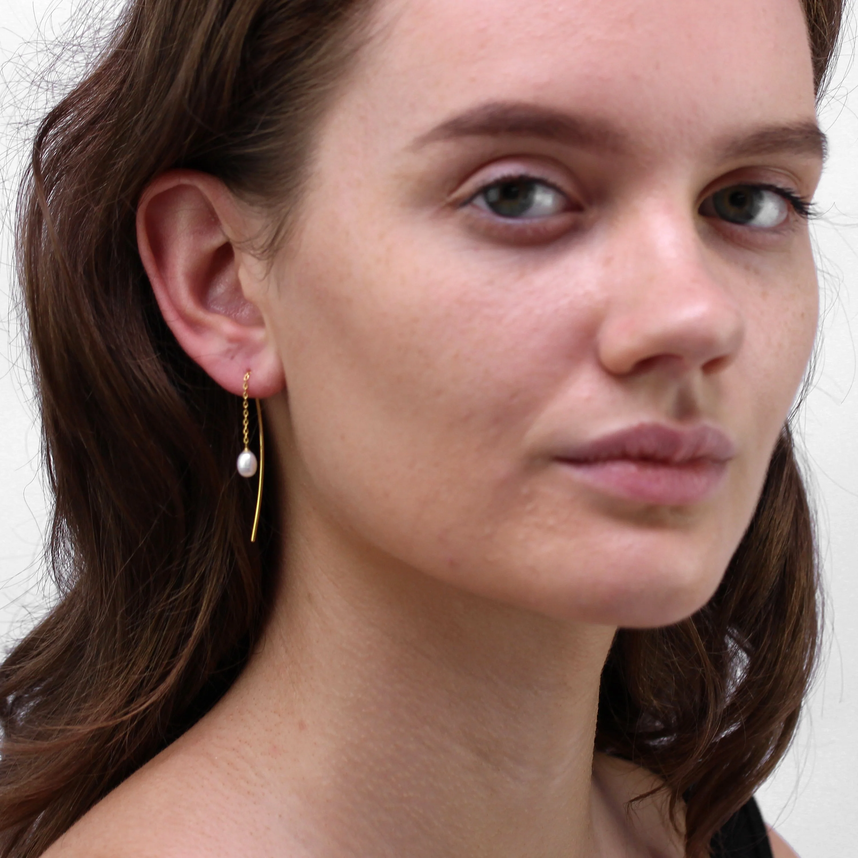 Gold Plated Sterling Silver & Pearl Arc Pull Through Earrings - Image 2