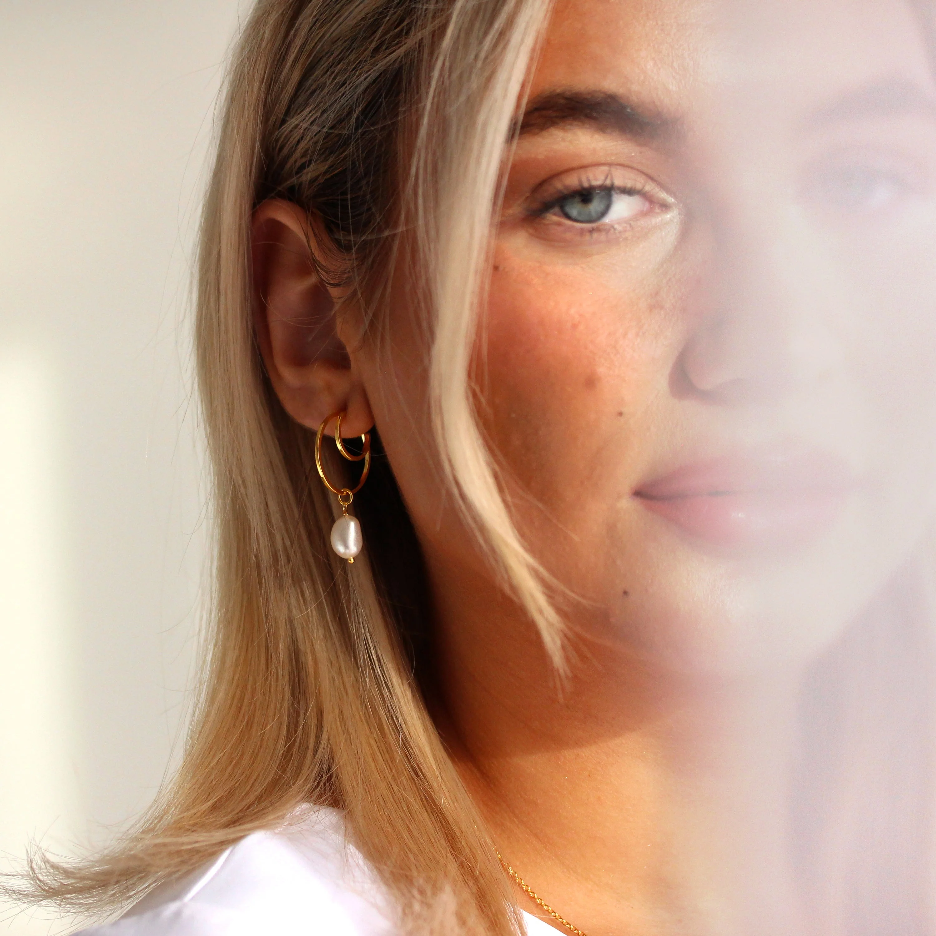 Gold Plated Sterling Silver Pearl Drop Hoop Stud Earrings - Image 4