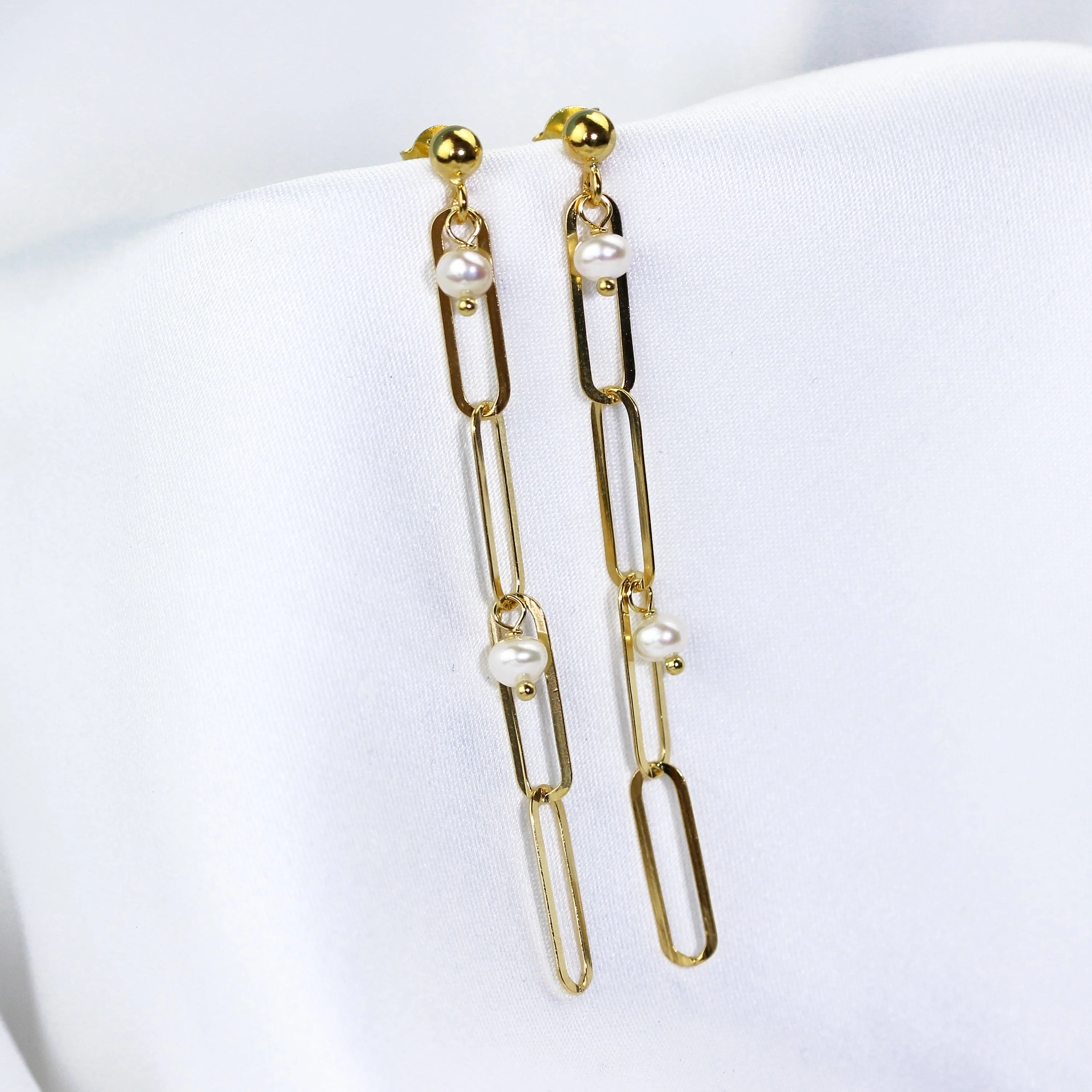 Gold Plated Sterling Silver Pearl Drop Link Stud Earrings - Image 2